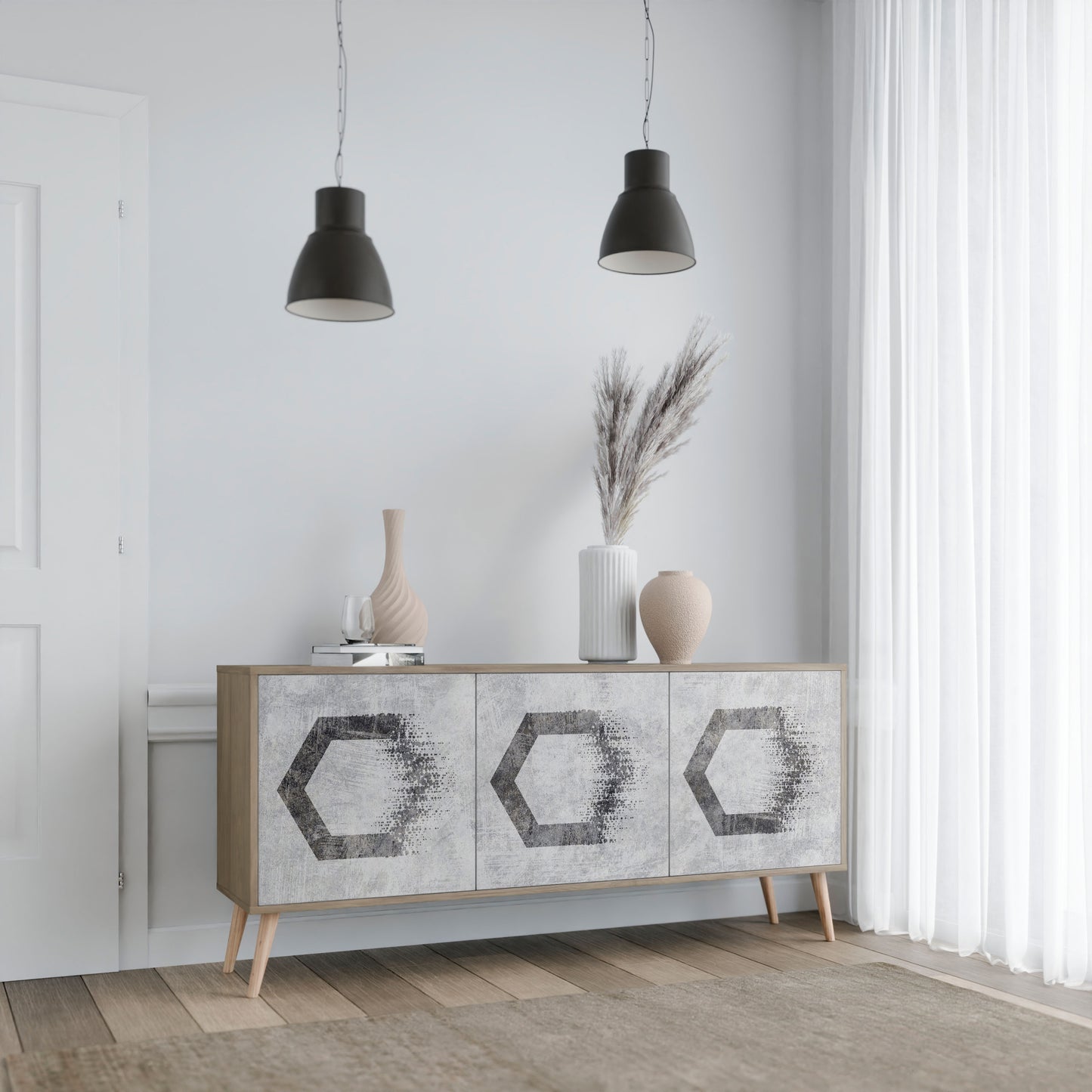 Credenza HEXAGONAL FIGURES a 3 ante in effetto rovere
