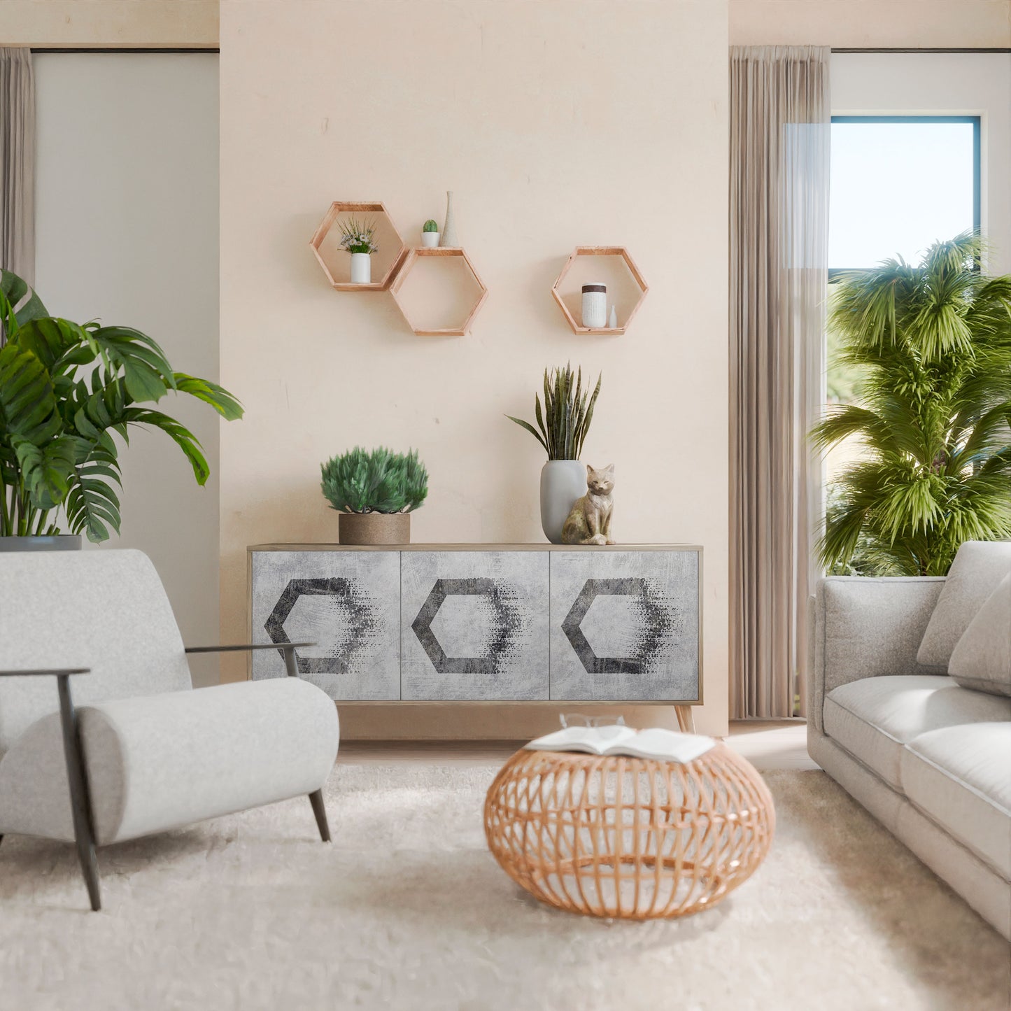 Credenza HEXAGONAL FIGURES a 3 ante in effetto rovere