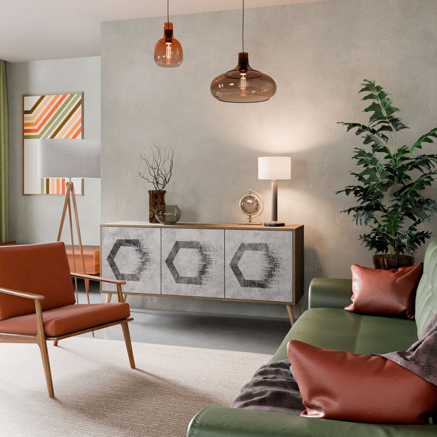 Credenza HEXAGONAL FIGURES a 3 ante in effetto rovere
