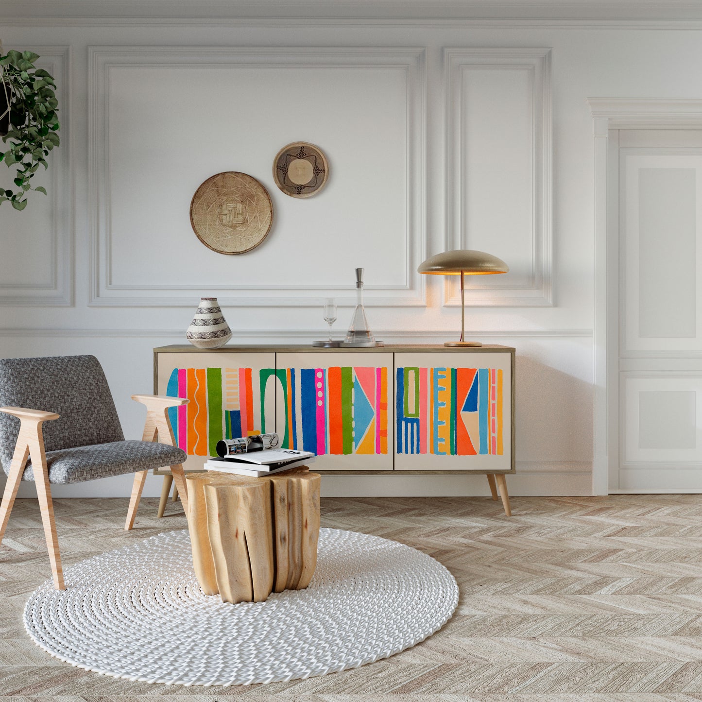 GEOMETRIC SHINE 3-Door Sideboard in Oak Effect