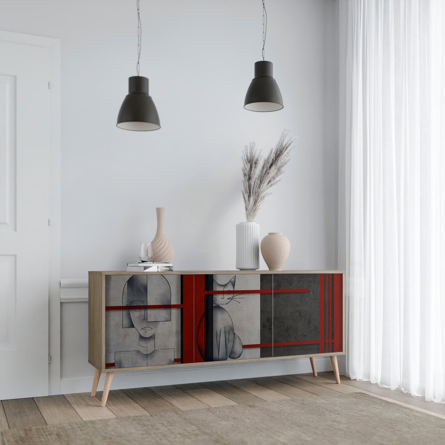 GRAY FIGURES 3-Door Sideboard in Oak Effect