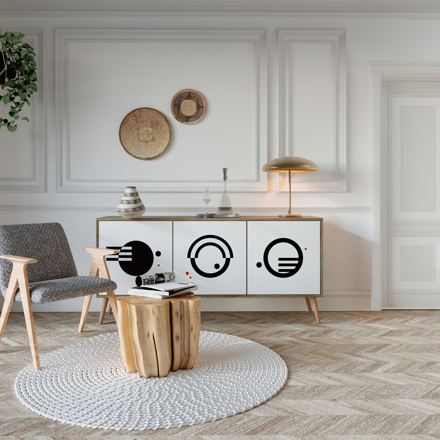 BLACK AND WHITE COMBINATION 3-Door Sideboard in Oak Effect