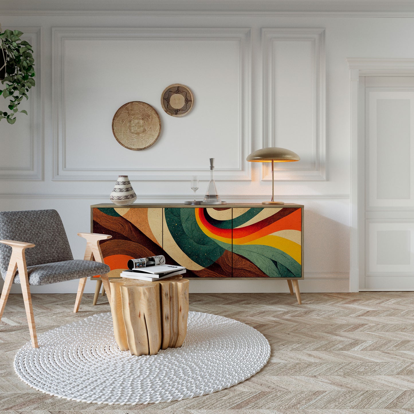 Credenza a 3 ante COLORFUL STRANDS in effetto rovere