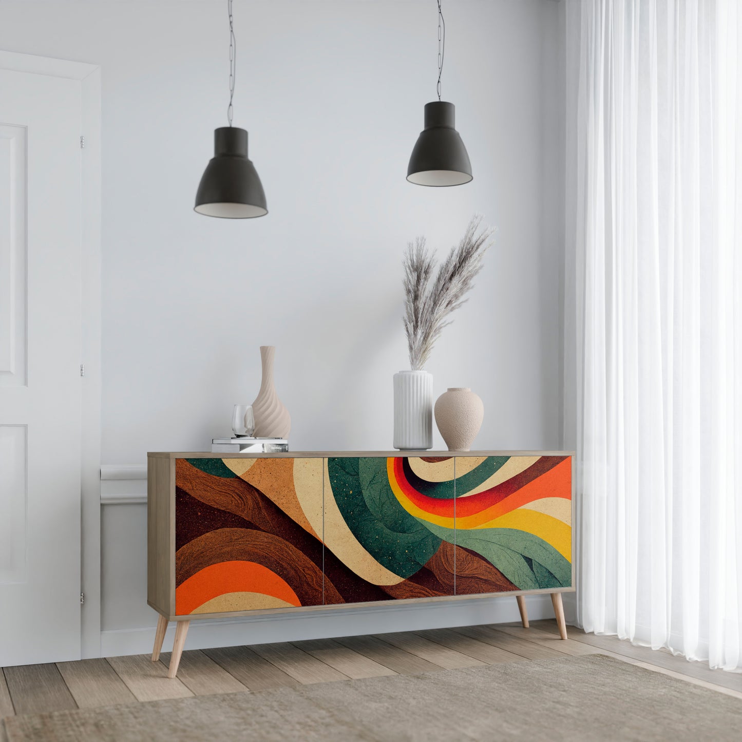 Credenza a 3 ante COLORFUL STRANDS in effetto rovere