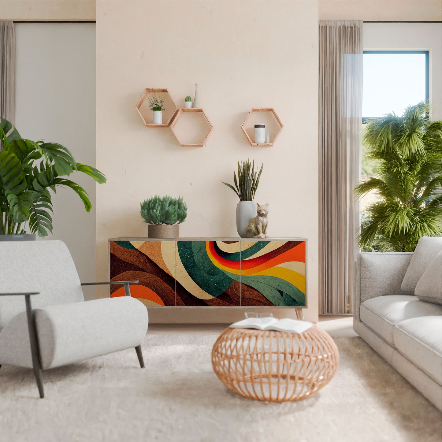 Credenza a 3 ante COLORFUL STRANDS in effetto rovere