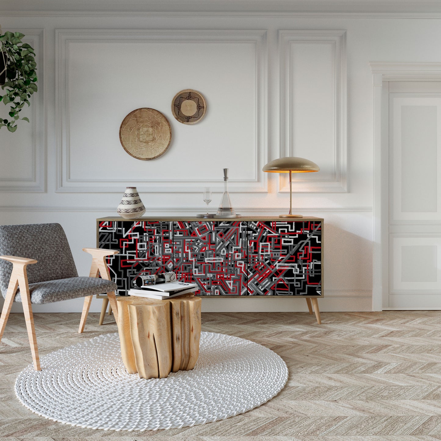 BROKEN LINES 3-Door Sideboard in Oak Effect