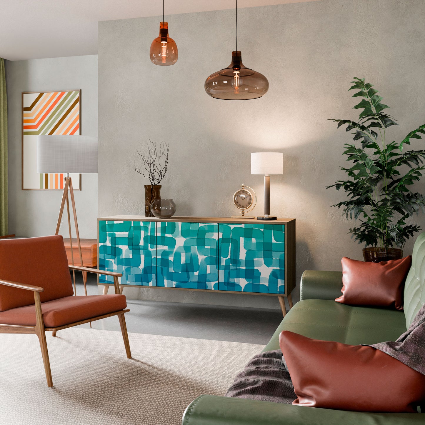TURQUOISE RECTANGLES 3-Door Sideboard in Oak Effect