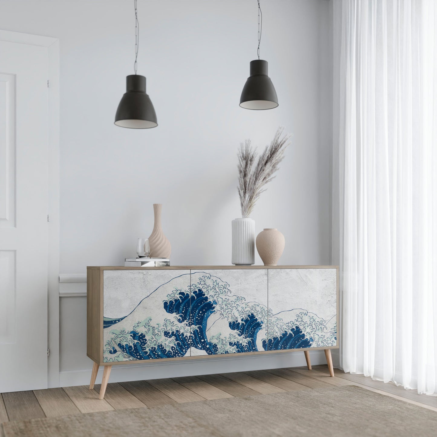 THE GREAT WAVE AT KANAGAWA 3-Door Sideboard in Oak Effect