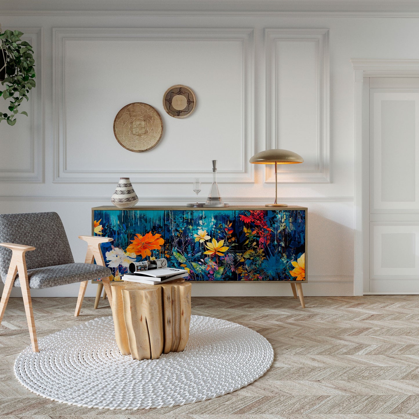 Credenza a 3 ante MIDNIGHT BLOSSOM in effetto rovere