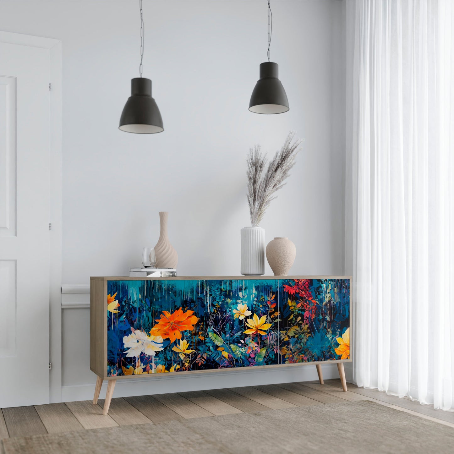 Credenza a 3 ante MIDNIGHT BLOSSOM in effetto rovere