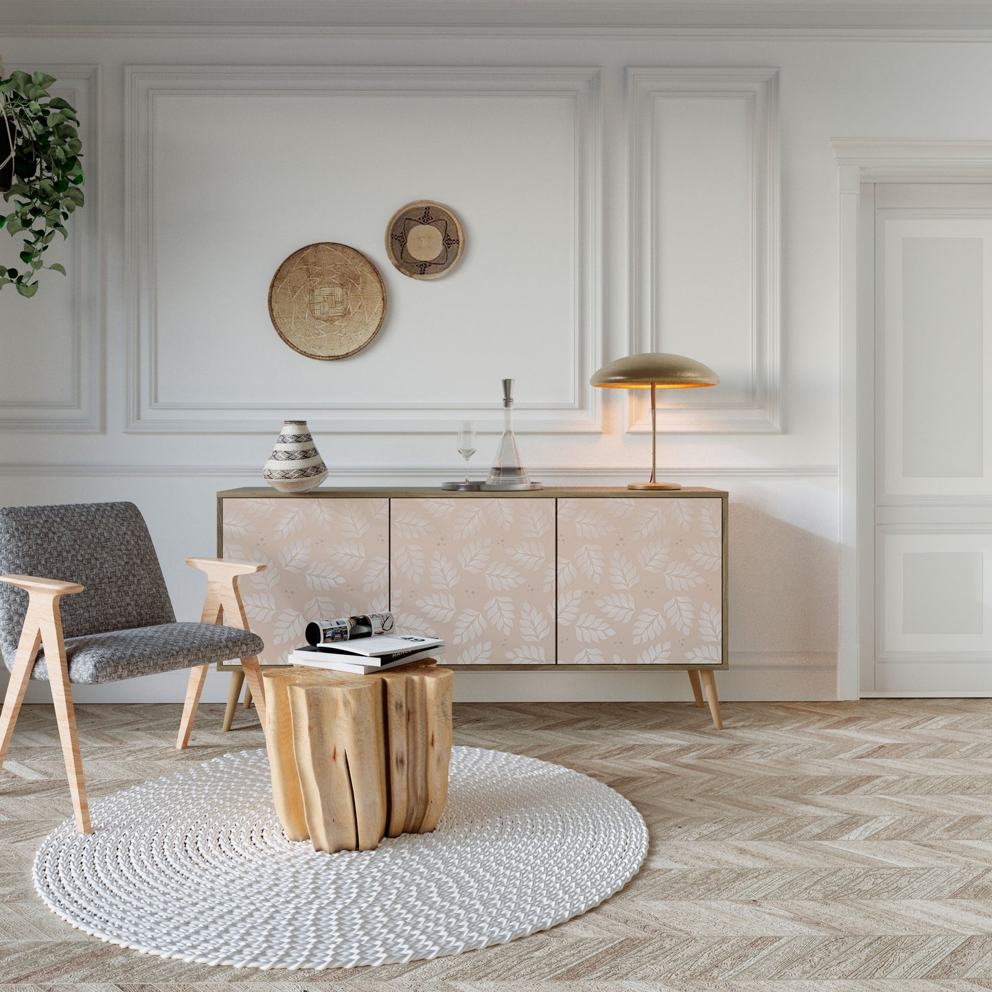 LEAVES ON BEIGE 3-Door Sideboard in Oak Effect