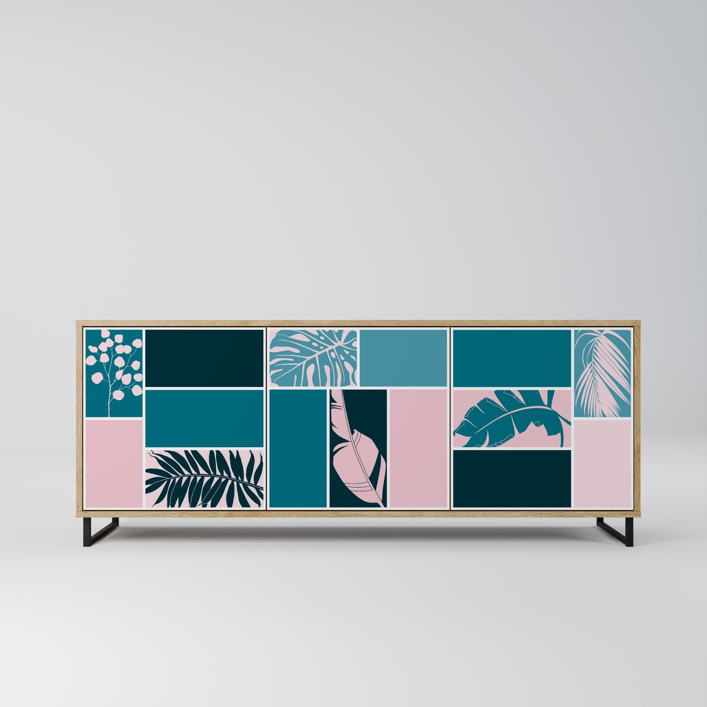 COMBINAZIONE DI FORME Credenza a 3 ante effetto rovere