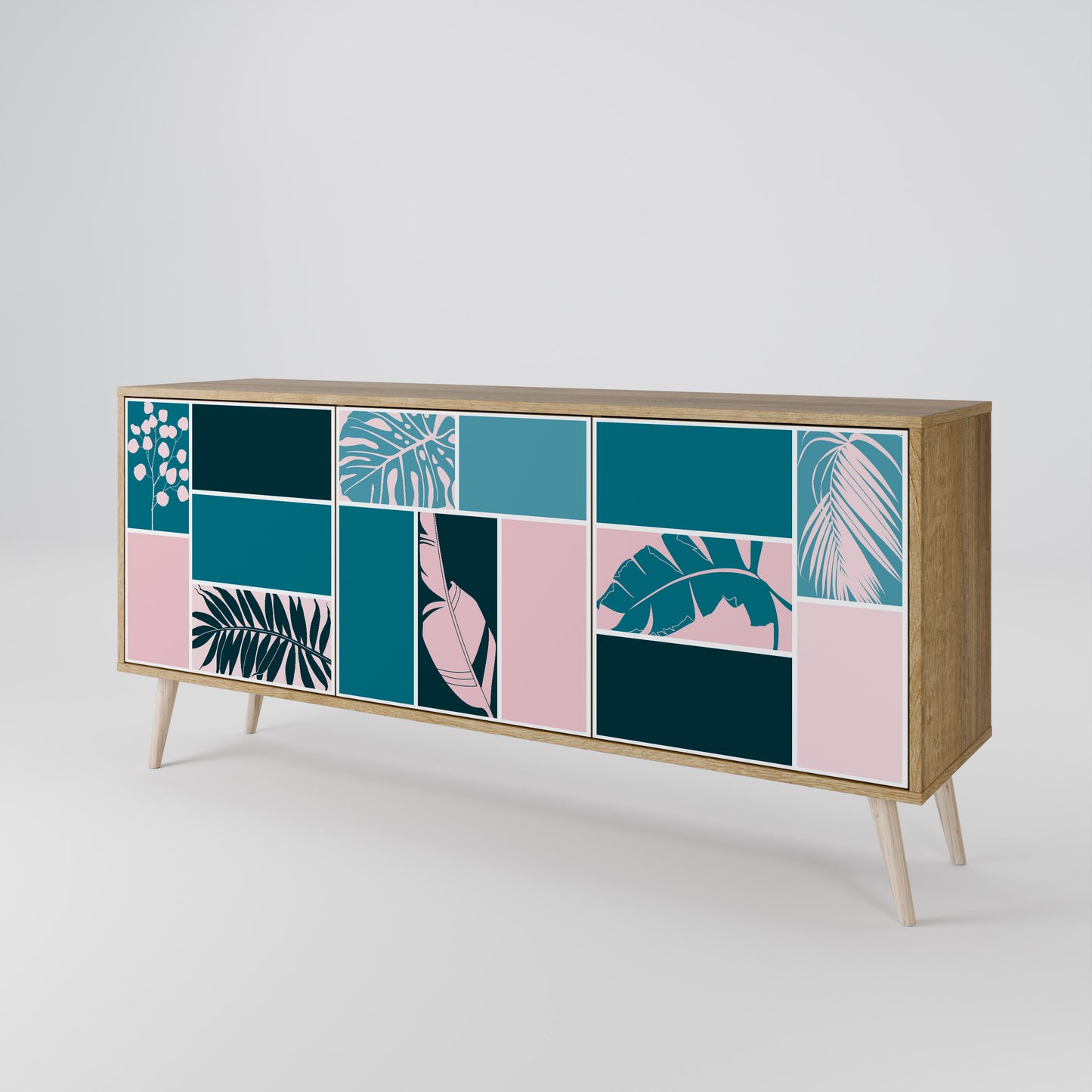 COMBINAZIONE DI FORME Credenza a 3 ante effetto rovere