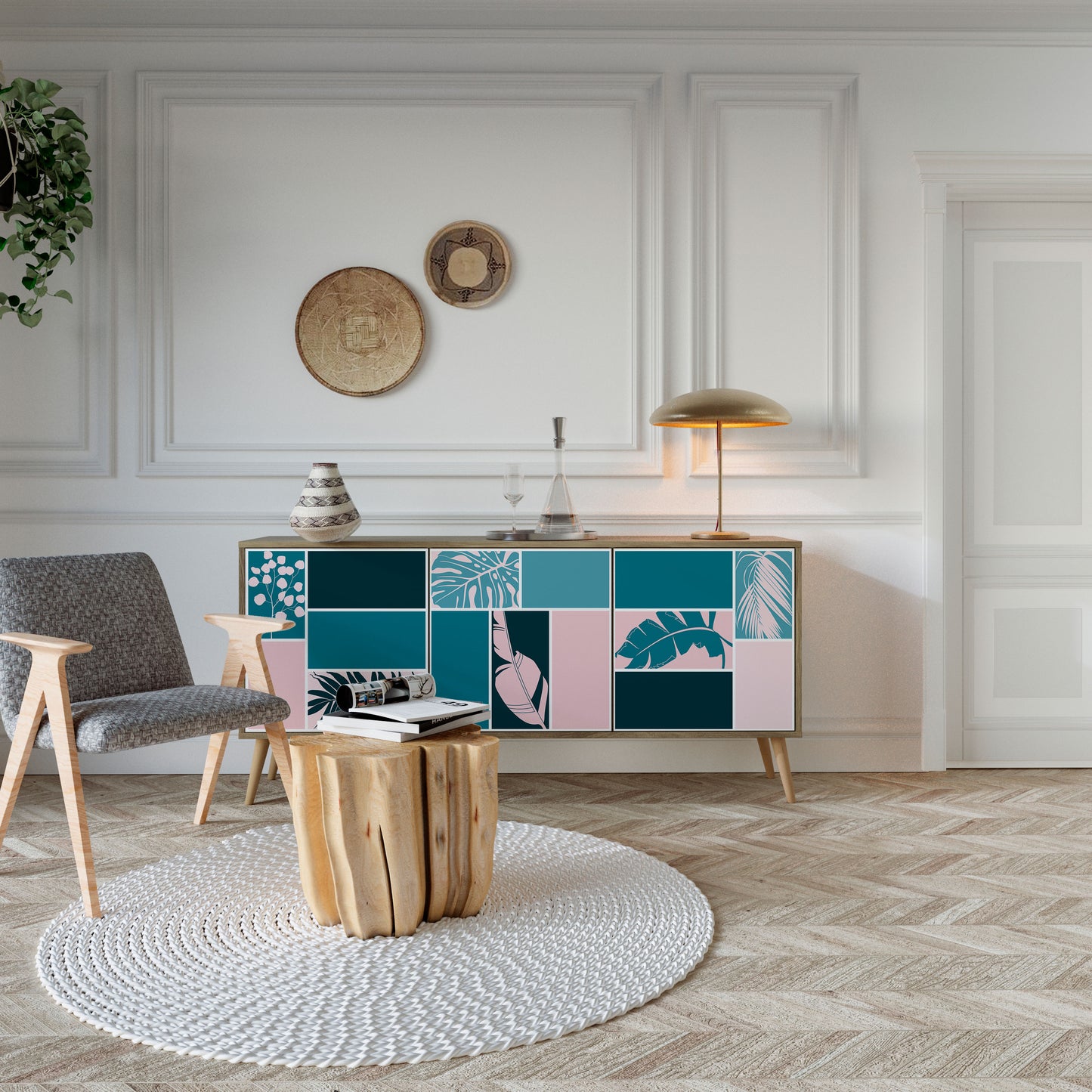 COMBINAZIONE DI FORME Credenza a 3 ante effetto rovere
