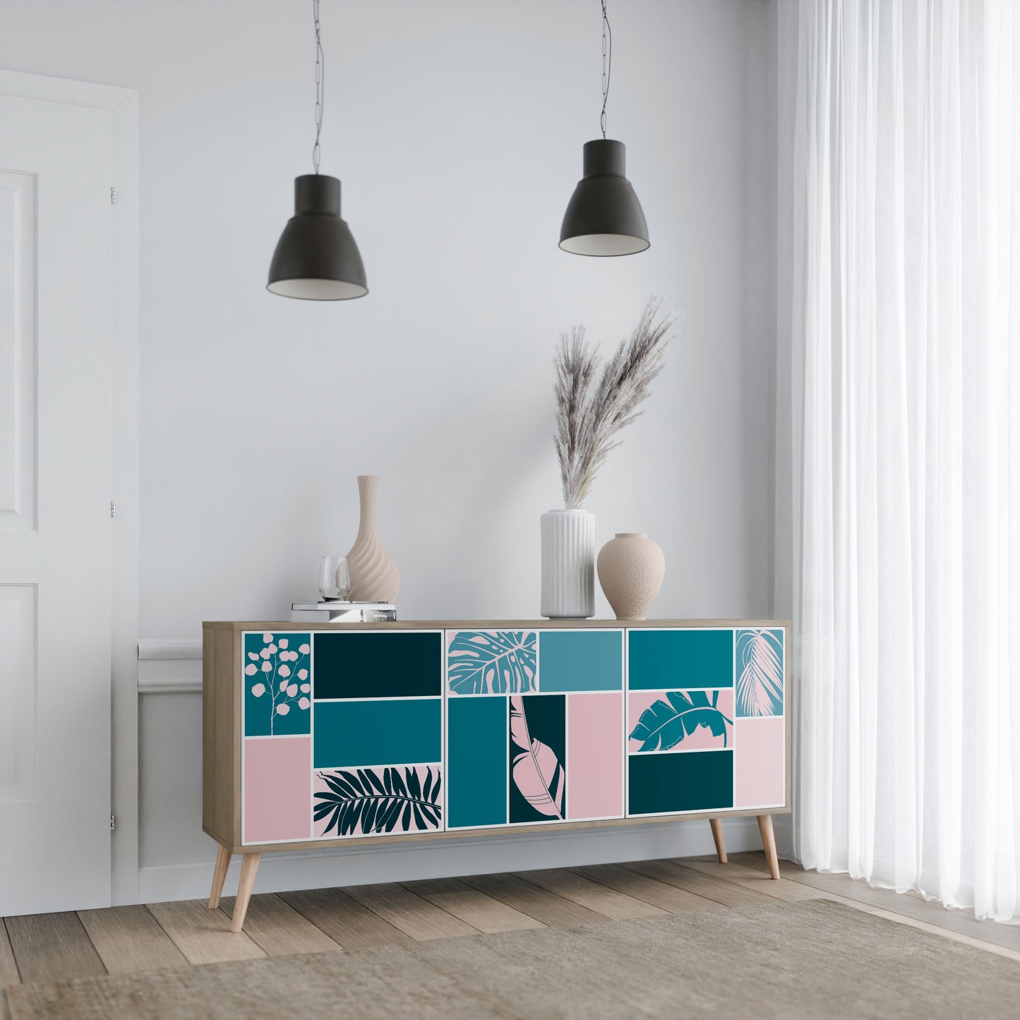COMBINAZIONE DI FORME Credenza a 3 ante effetto rovere