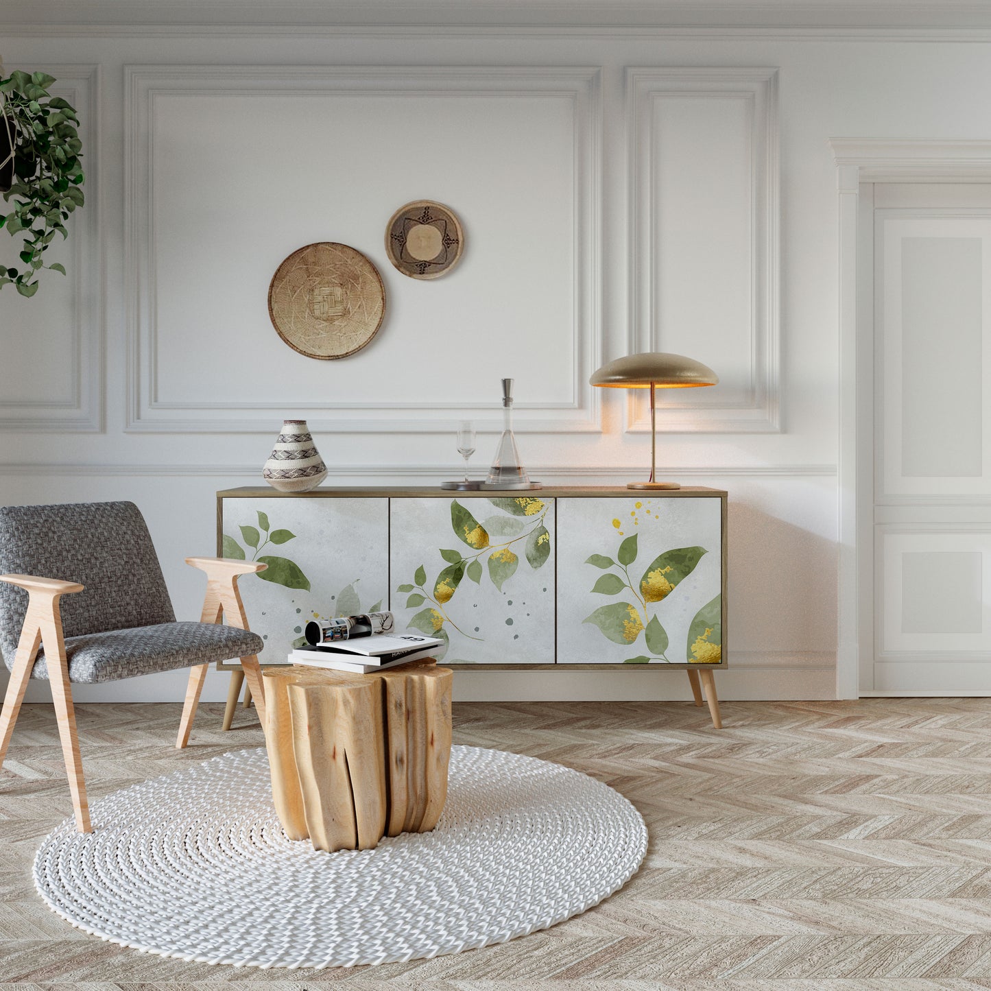 Credenza a 3 ante ELEGANT BOTANICS in effetto rovere