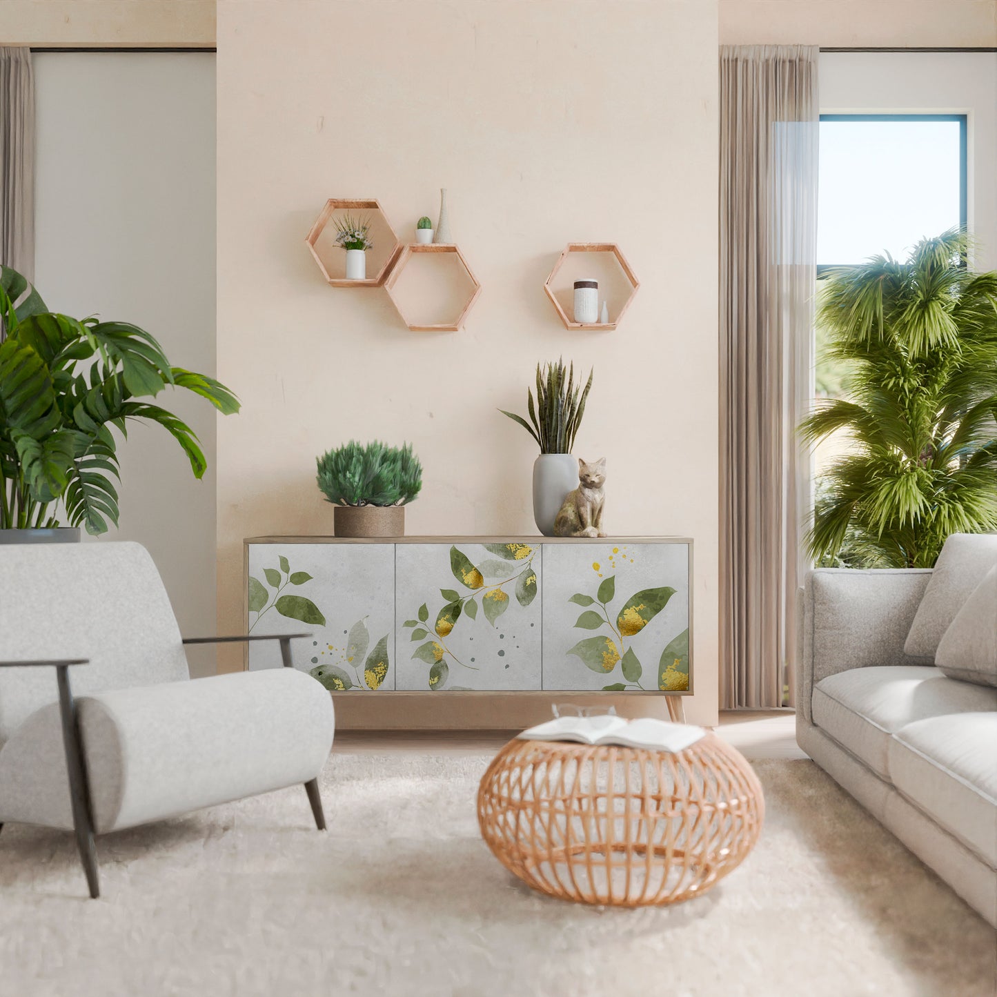Credenza a 3 ante ELEGANT BOTANICS in effetto rovere