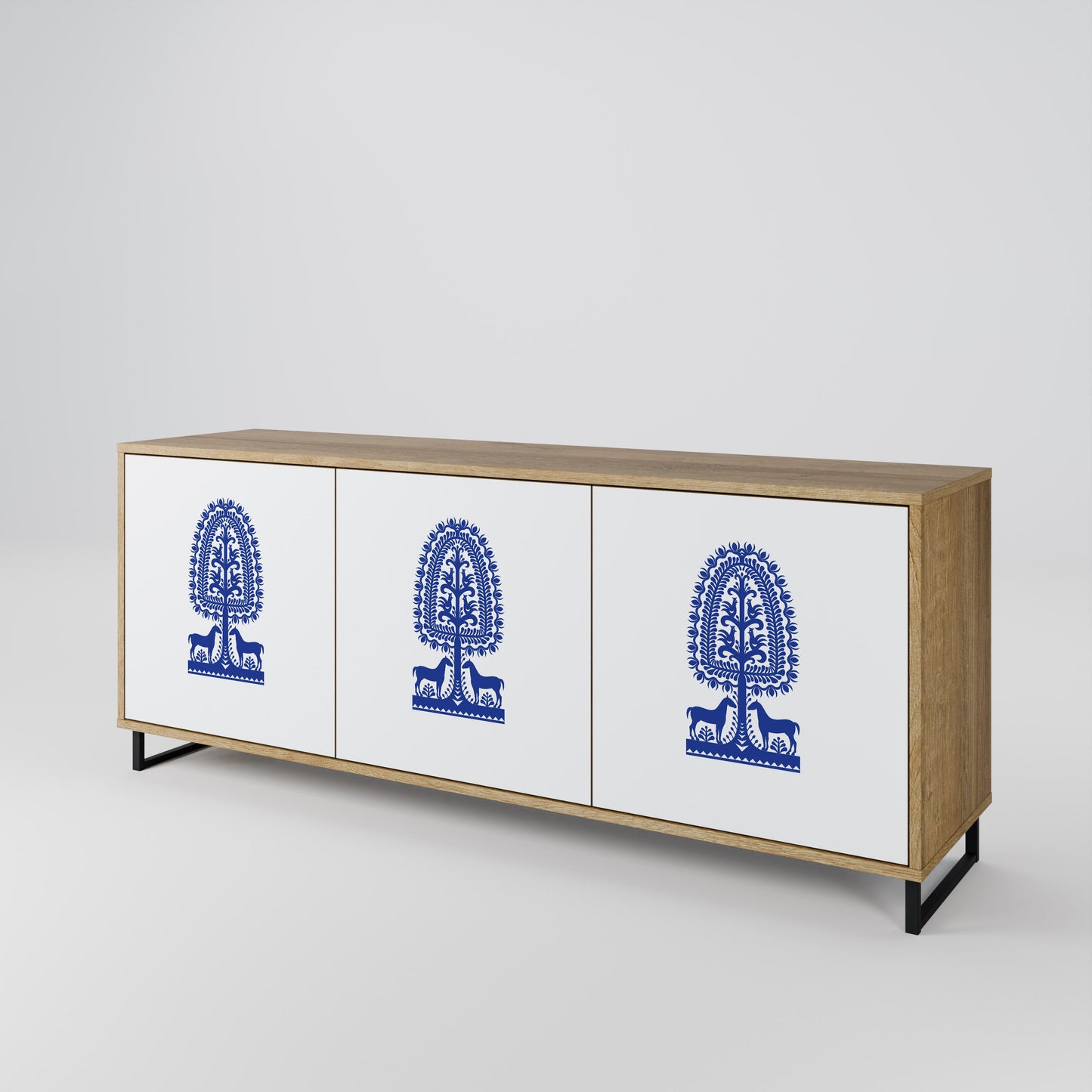 Credenza a 3 ante in stile FOLK ART POLACCO, effetto rovere