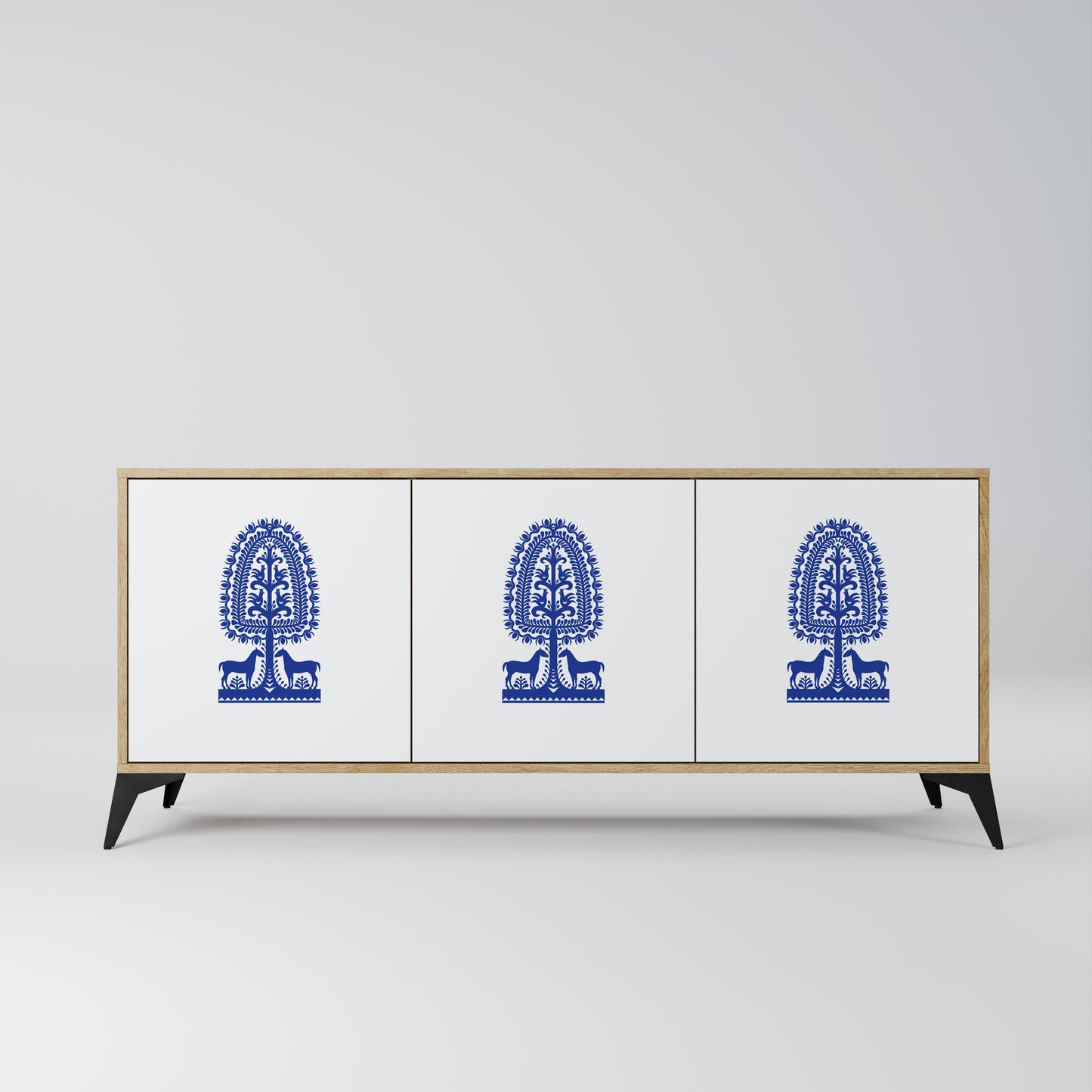 Credenza a 3 ante in stile FOLK ART POLACCO, effetto rovere