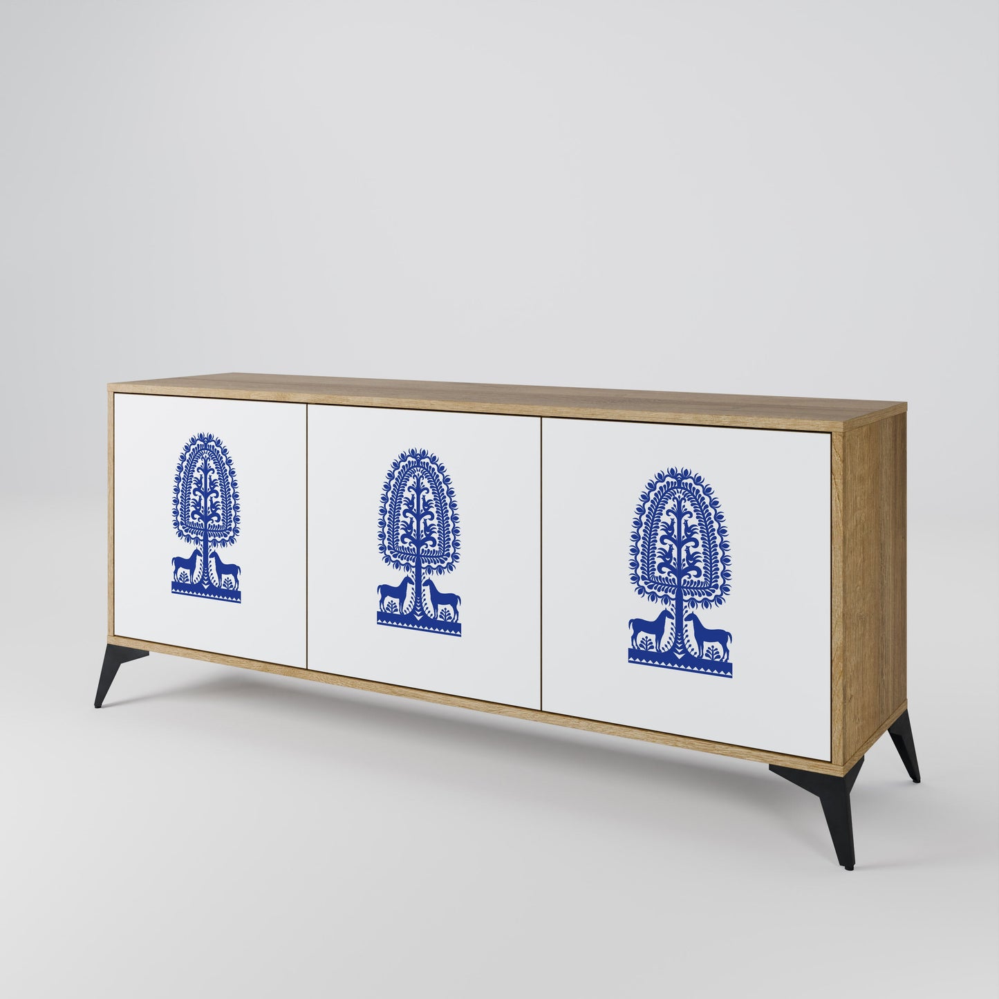 Credenza a 3 ante in stile FOLK ART POLACCO, effetto rovere