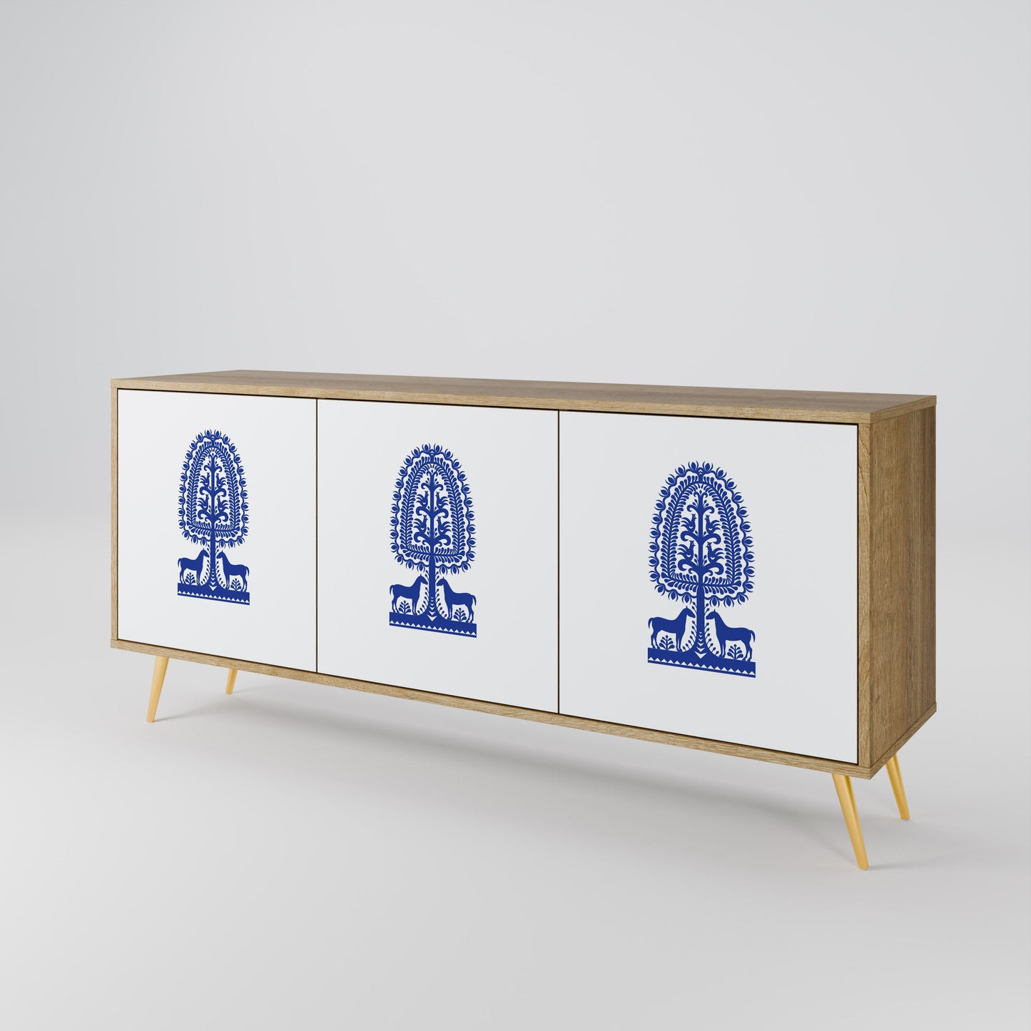 Credenza a 3 ante in stile FOLK ART POLACCO, effetto rovere