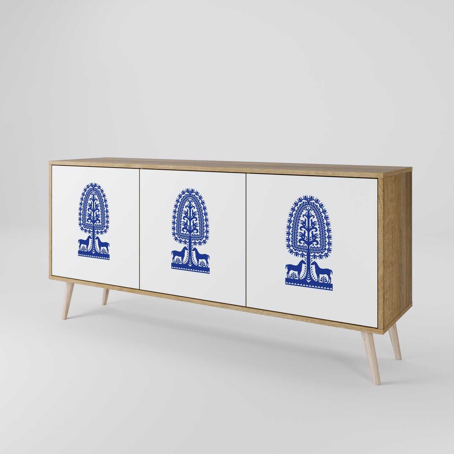 Credenza a 3 ante in stile FOLK ART POLACCO, effetto rovere