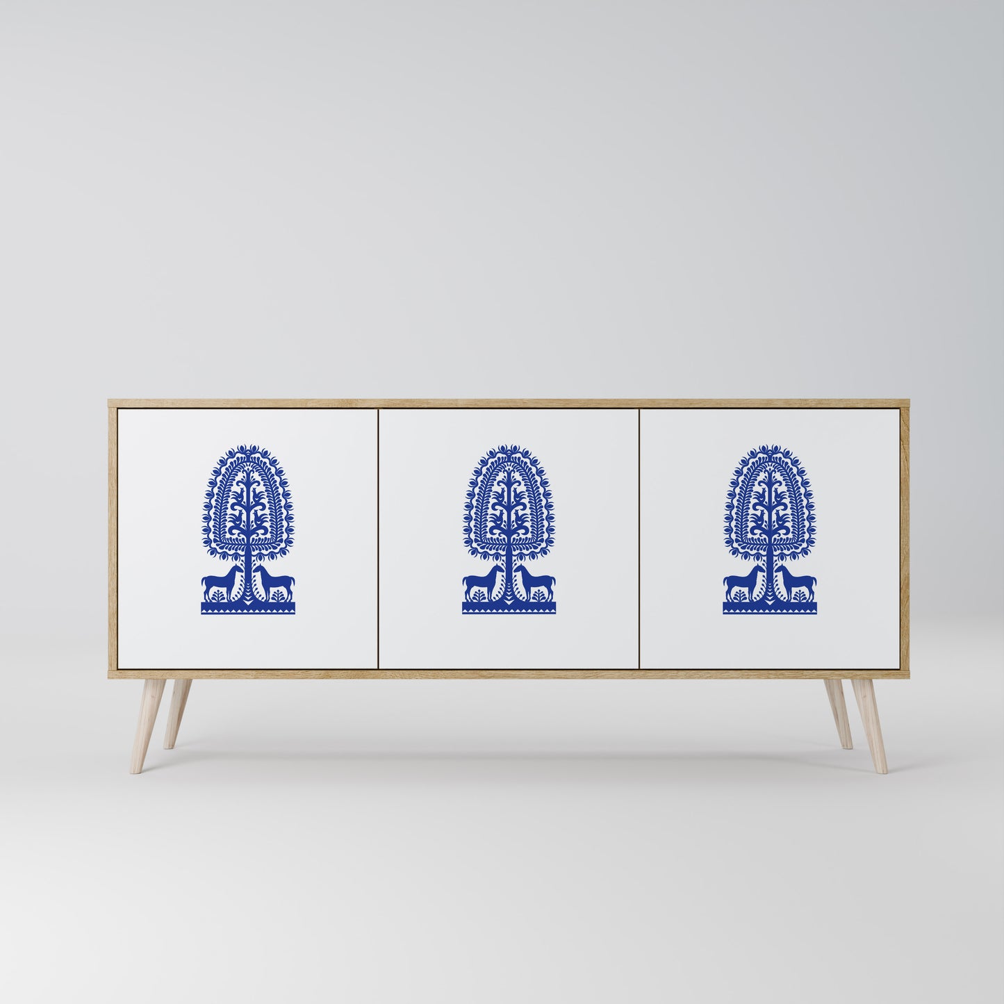 Credenza a 3 ante in stile FOLK ART POLACCO, effetto rovere