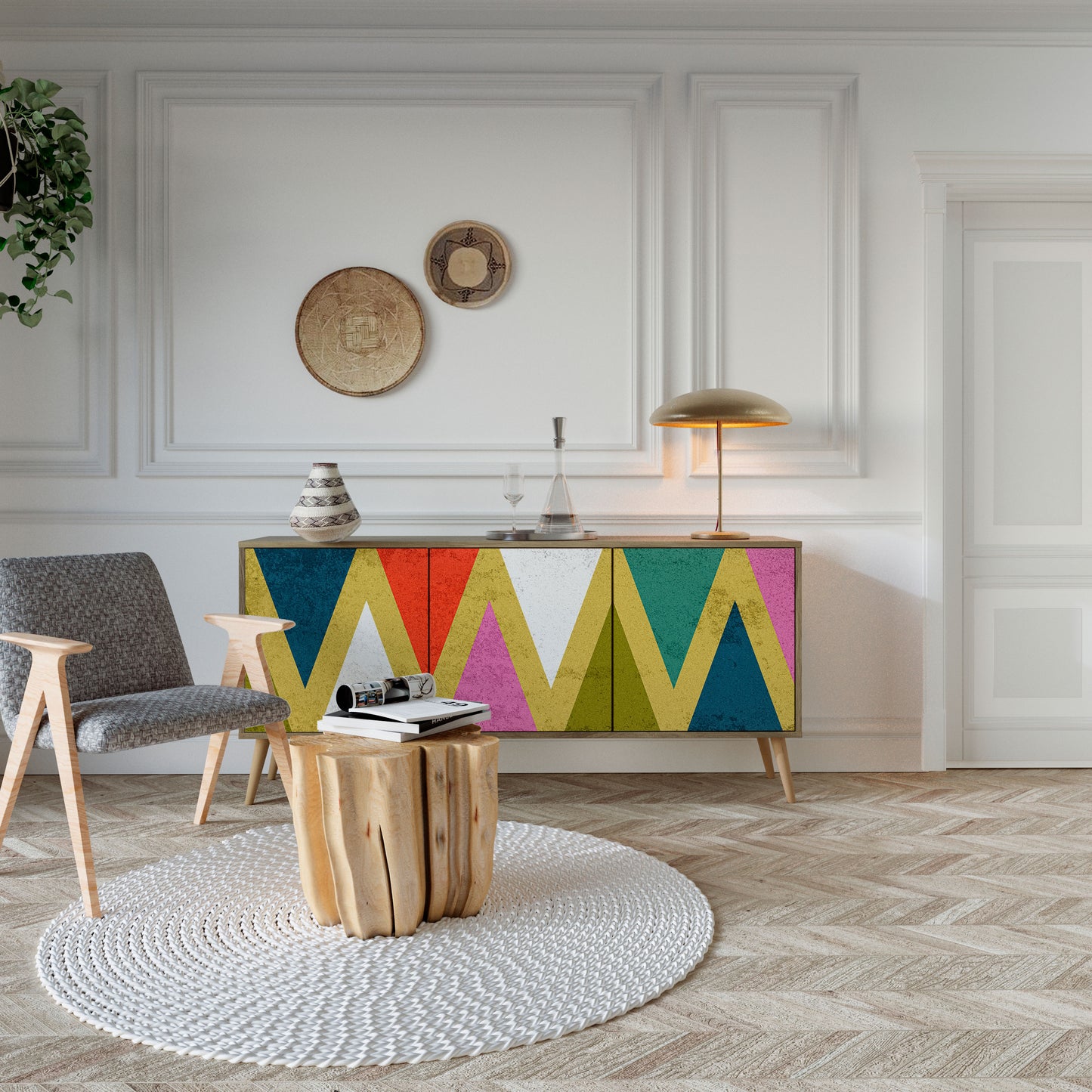 Credenza a 3 ante TRIANGOLI COLORATI effetto rovere