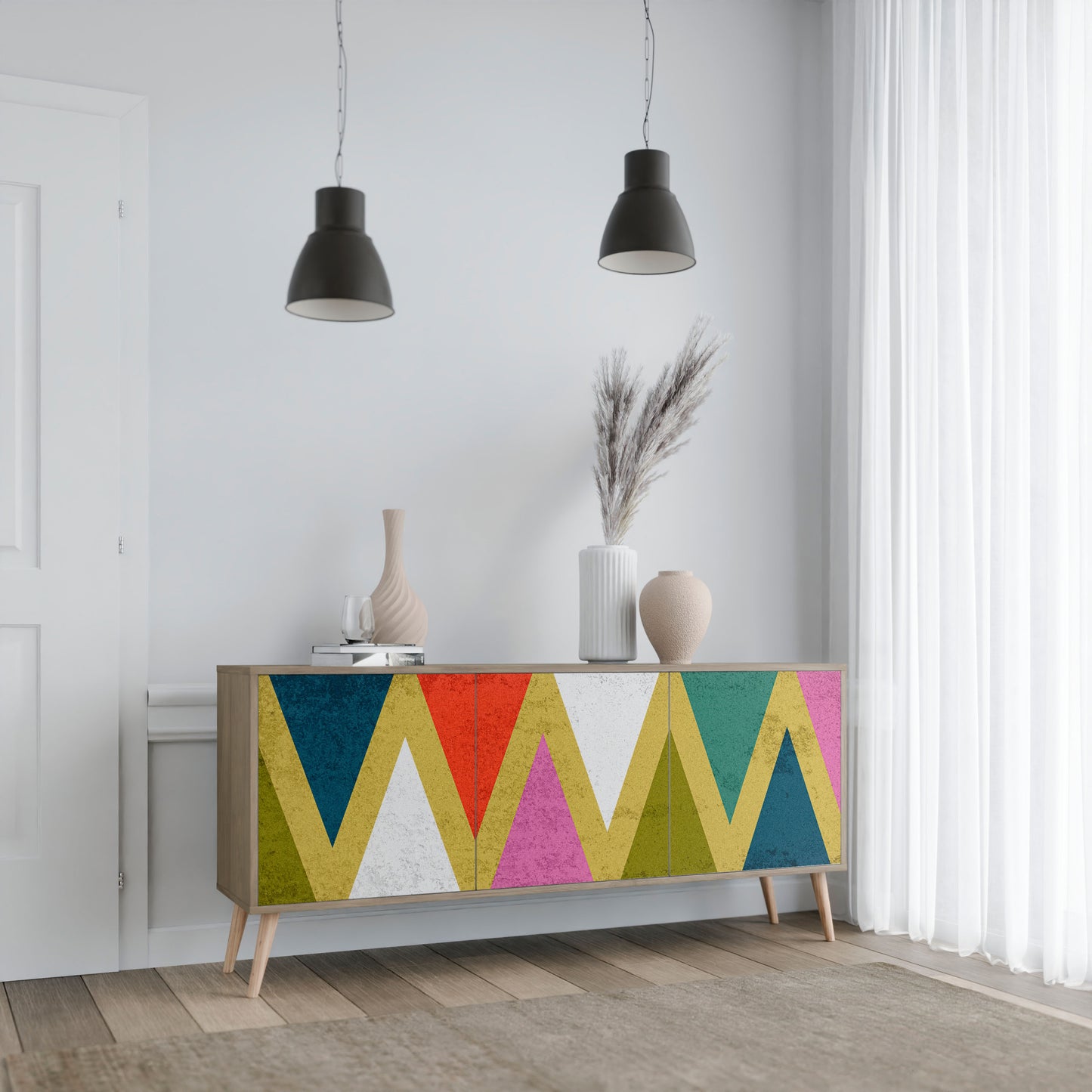 Credenza a 3 ante TRIANGOLI COLORATI effetto rovere