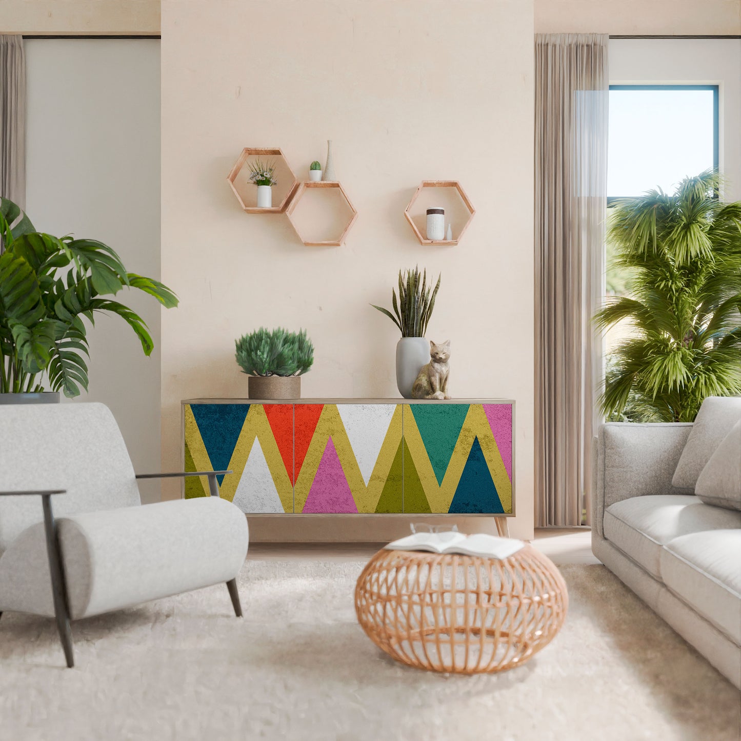 Credenza a 3 ante TRIANGOLI COLORATI effetto rovere