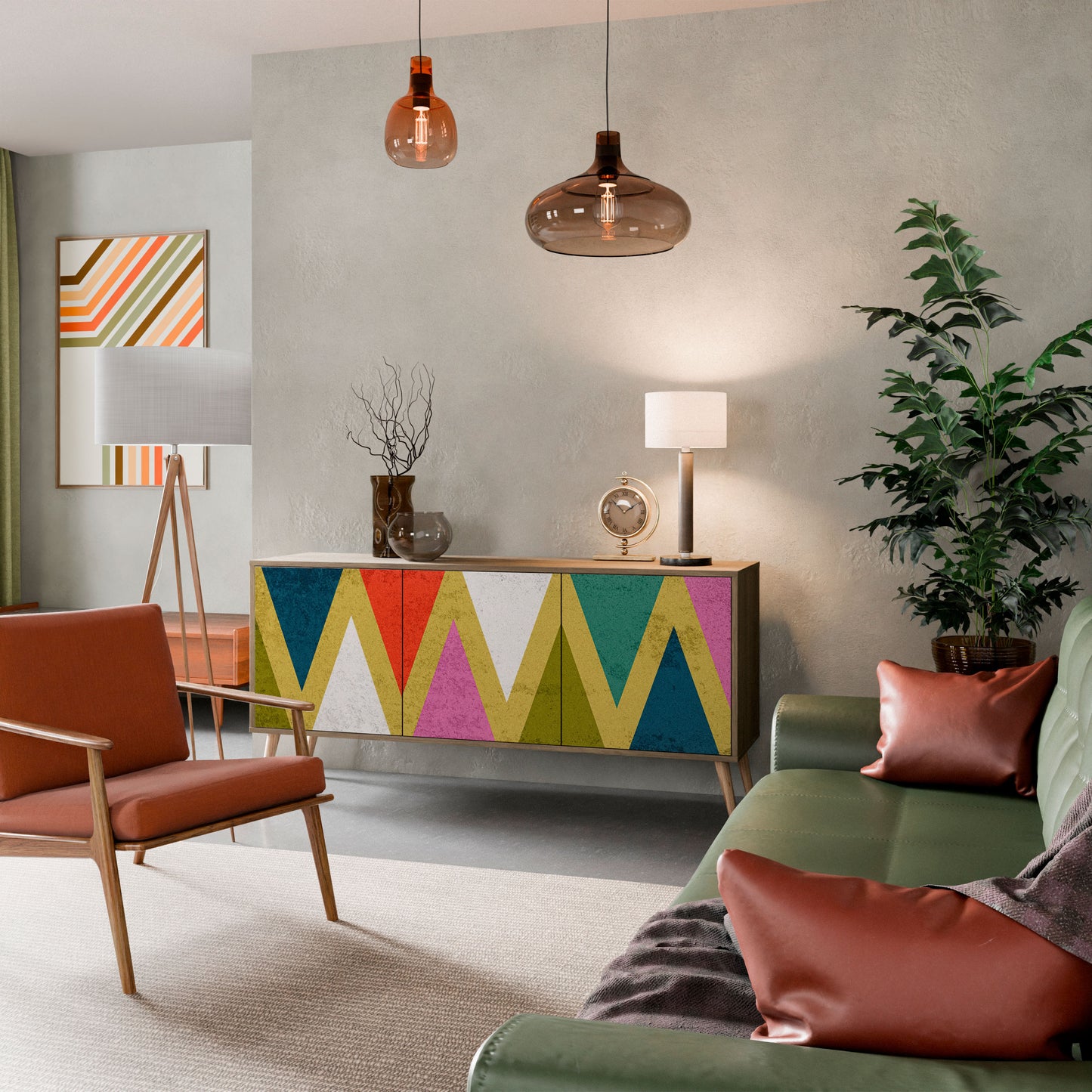 Credenza a 3 ante TRIANGOLI COLORATI effetto rovere