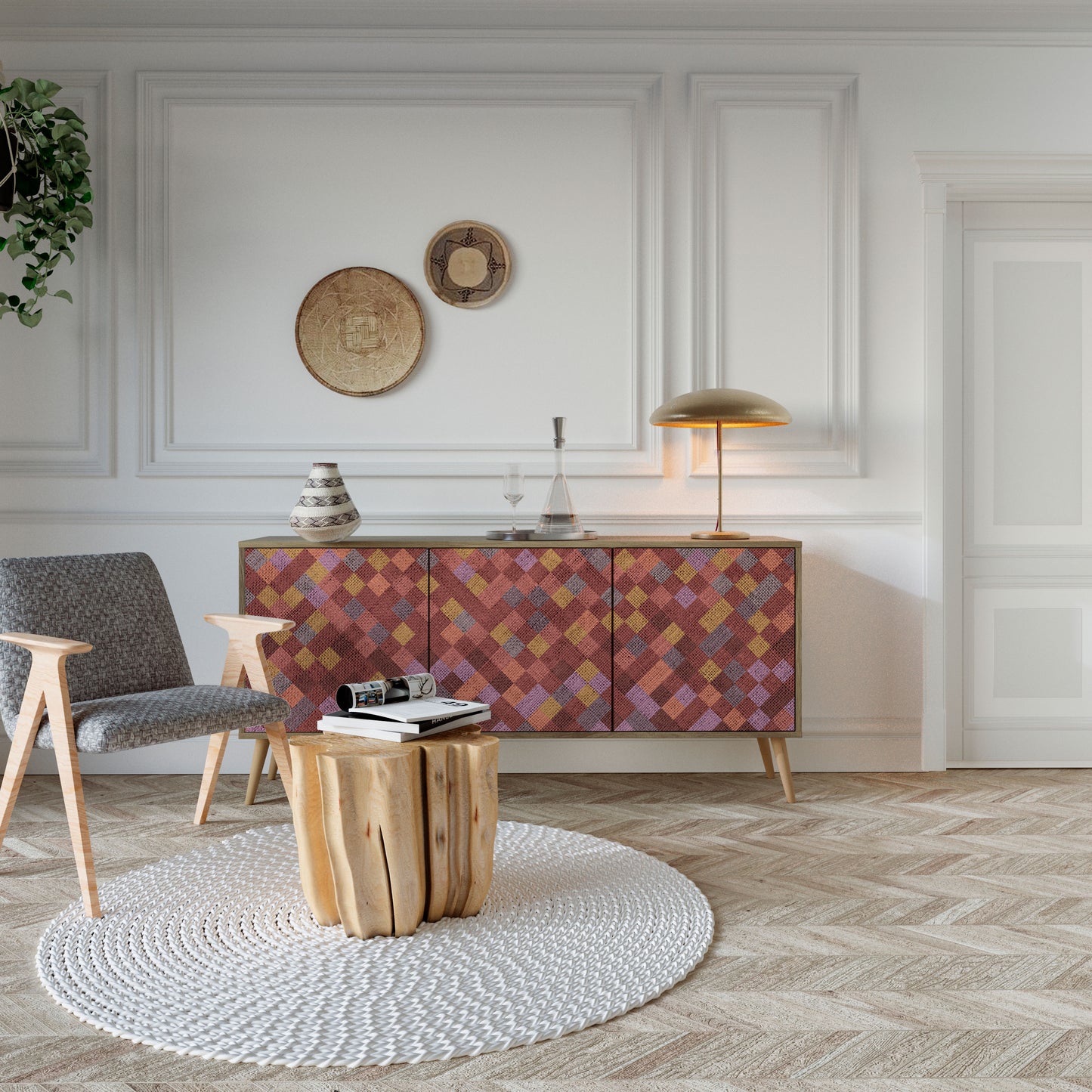 PAINTED SQUARES 3-Door Sideboard in Oak Effect