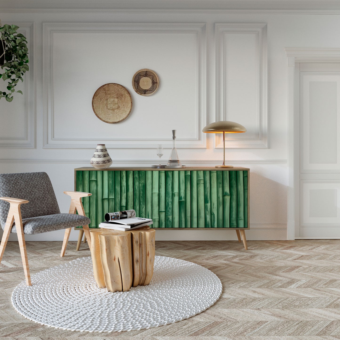 NATURAL GREEN 3-Door Sideboard in Oak Effect