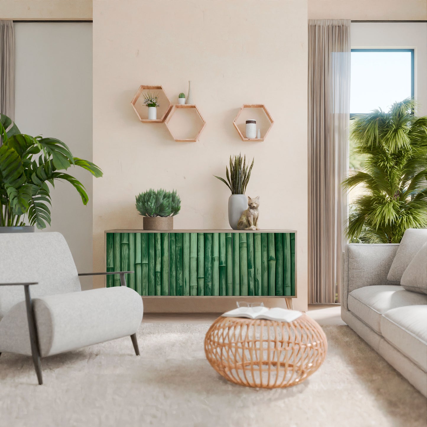 NATURAL GREEN 3-Door Sideboard in Oak Effect