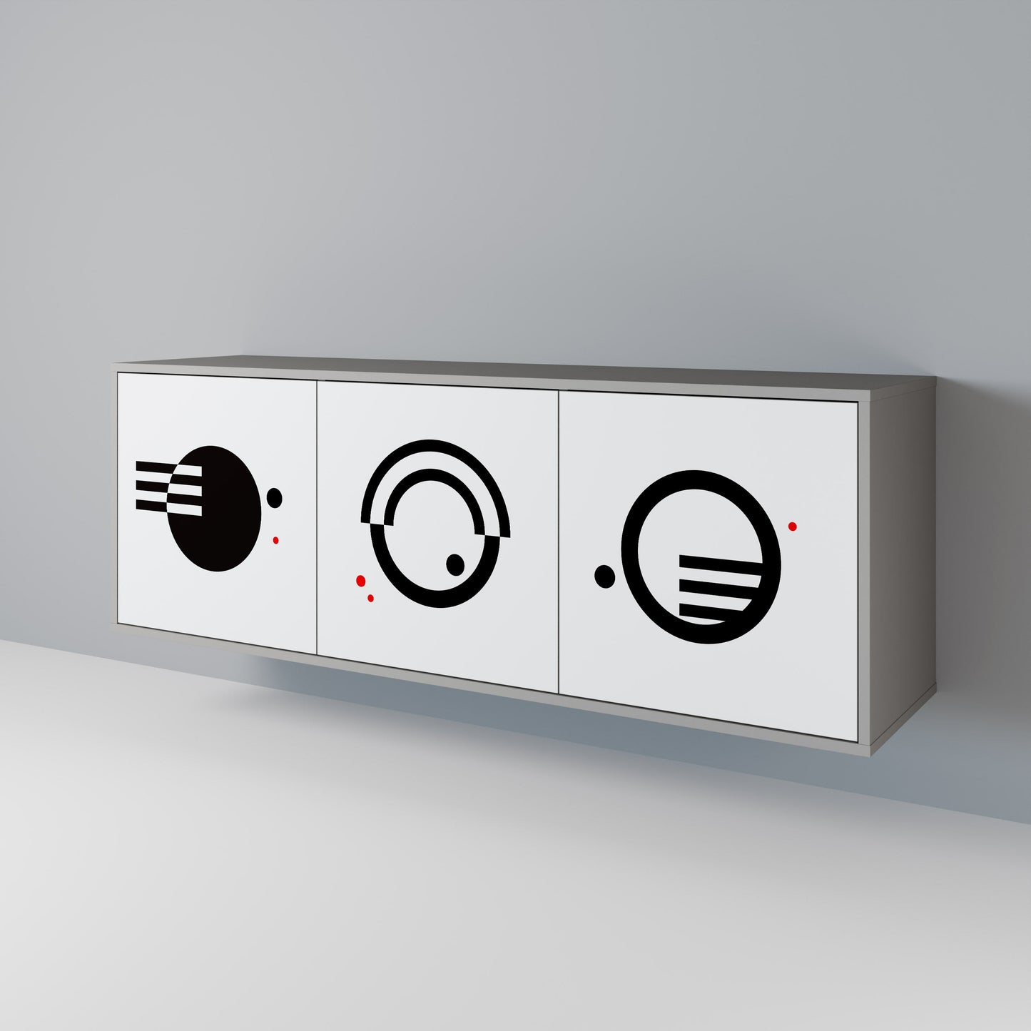 Credenza a 3 ante con combinazione bianco e nero, finitura grigia