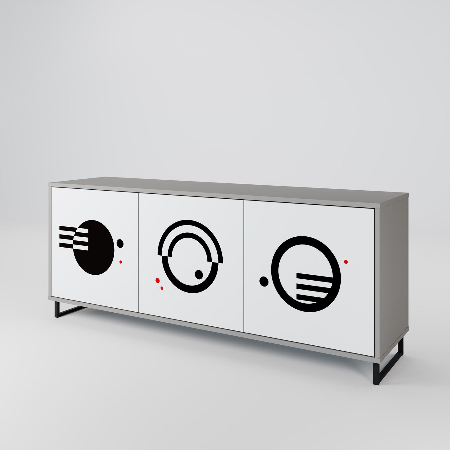 Credenza a 3 ante con combinazione bianco e nero, finitura grigia