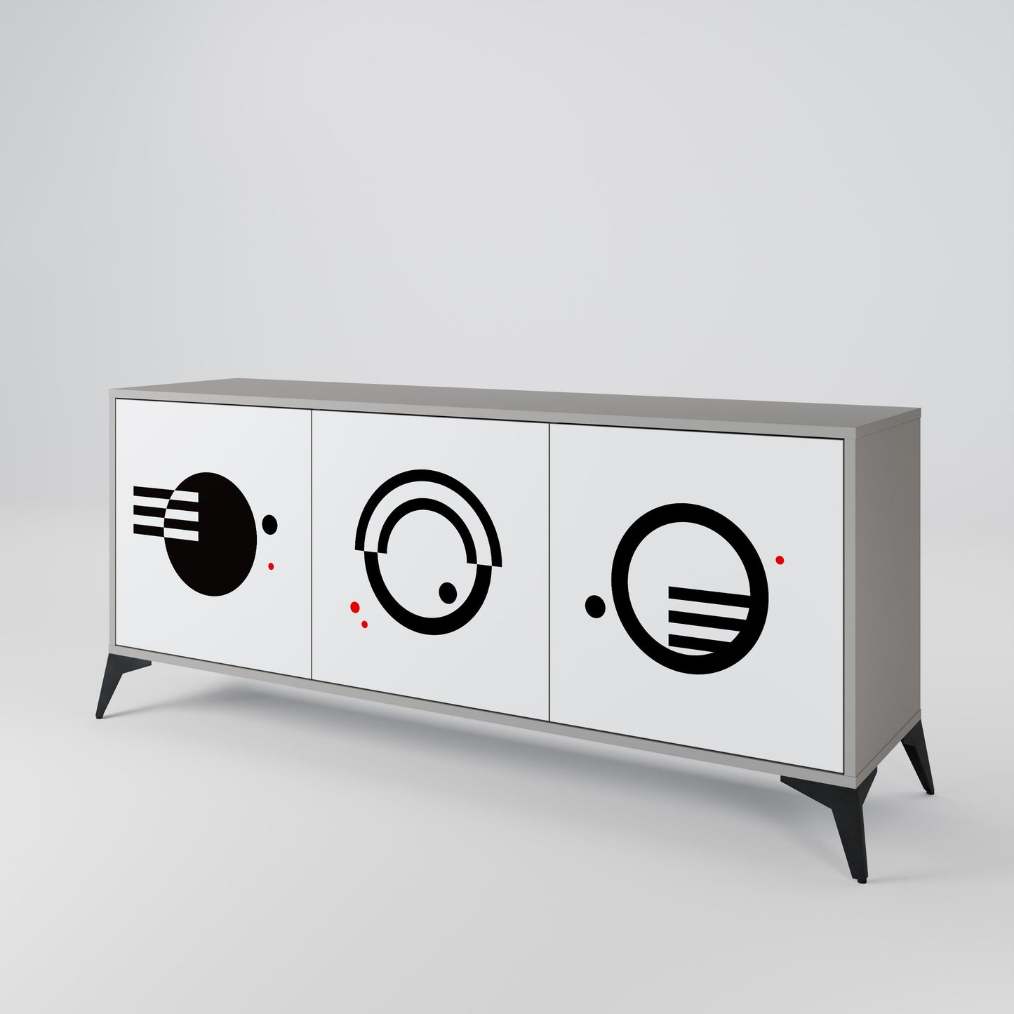Credenza a 3 ante con combinazione bianco e nero, finitura grigia