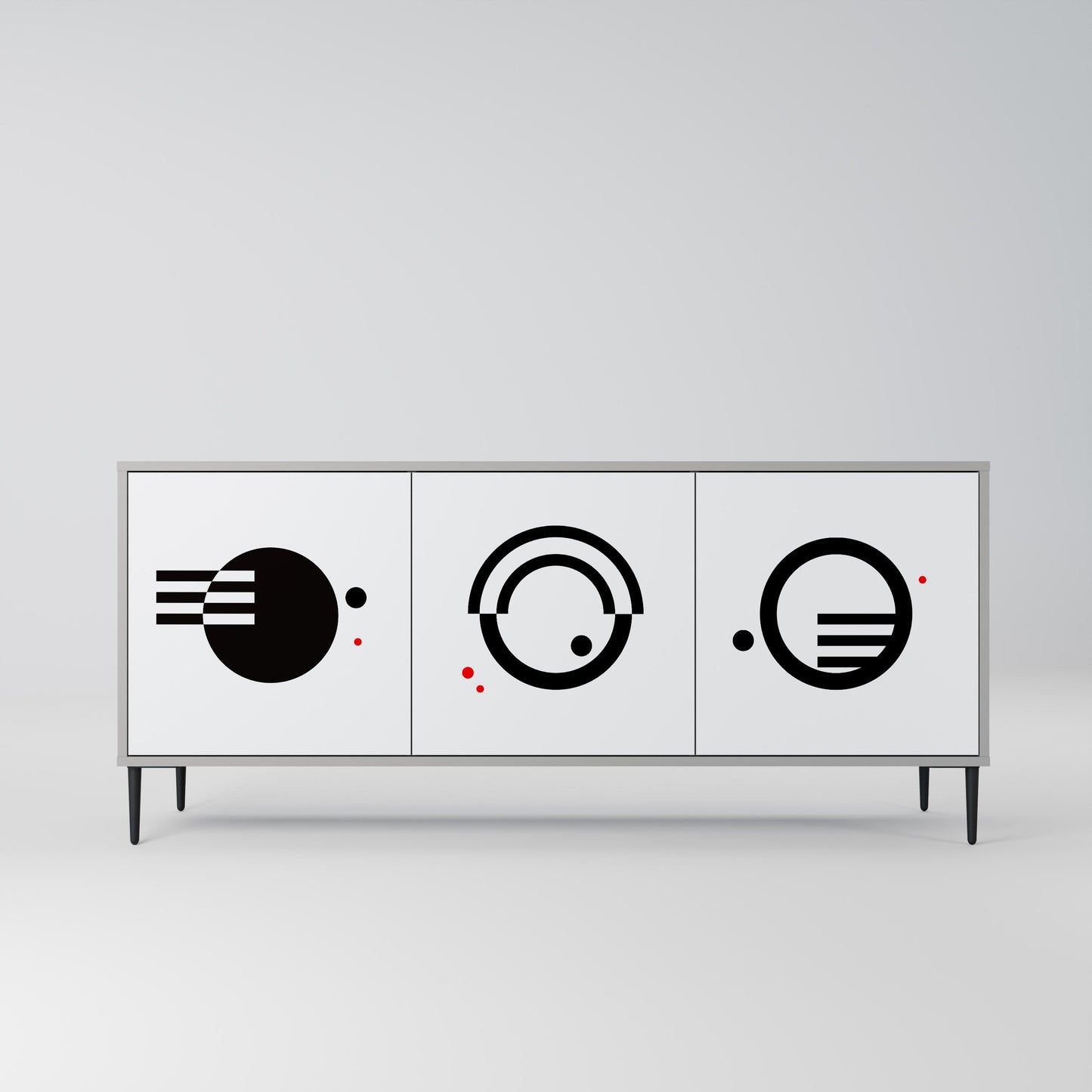 Credenza a 3 ante con combinazione bianco e nero, finitura grigia