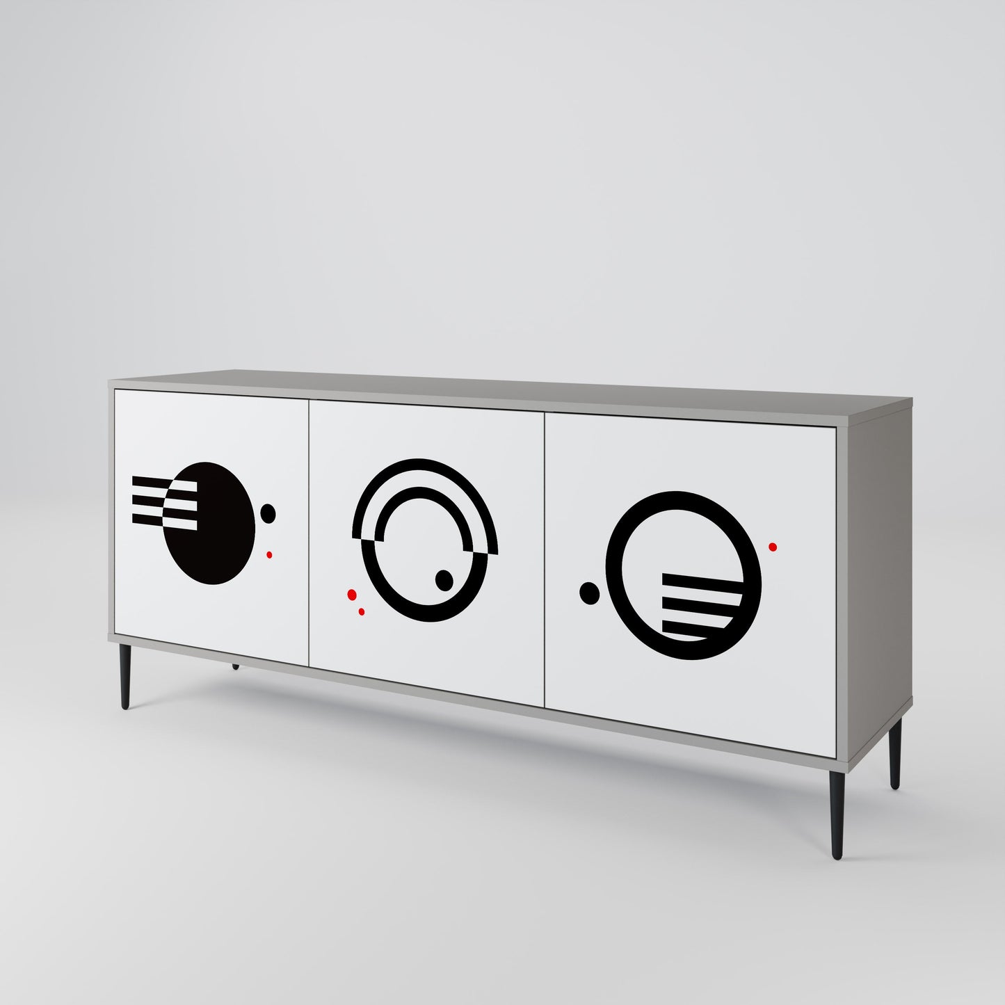Credenza a 3 ante con combinazione bianco e nero, finitura grigia