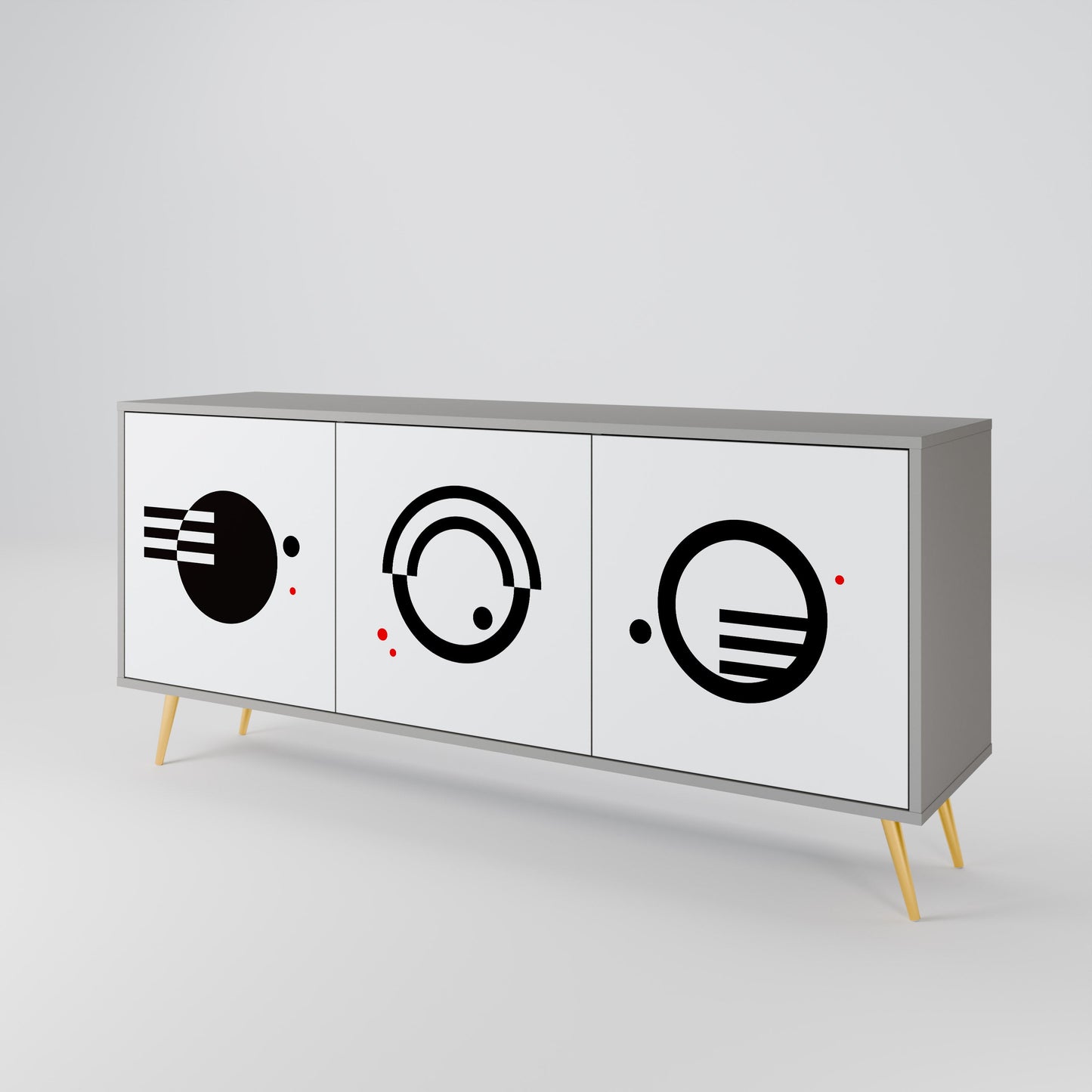 Credenza a 3 ante con combinazione bianco e nero, finitura grigia