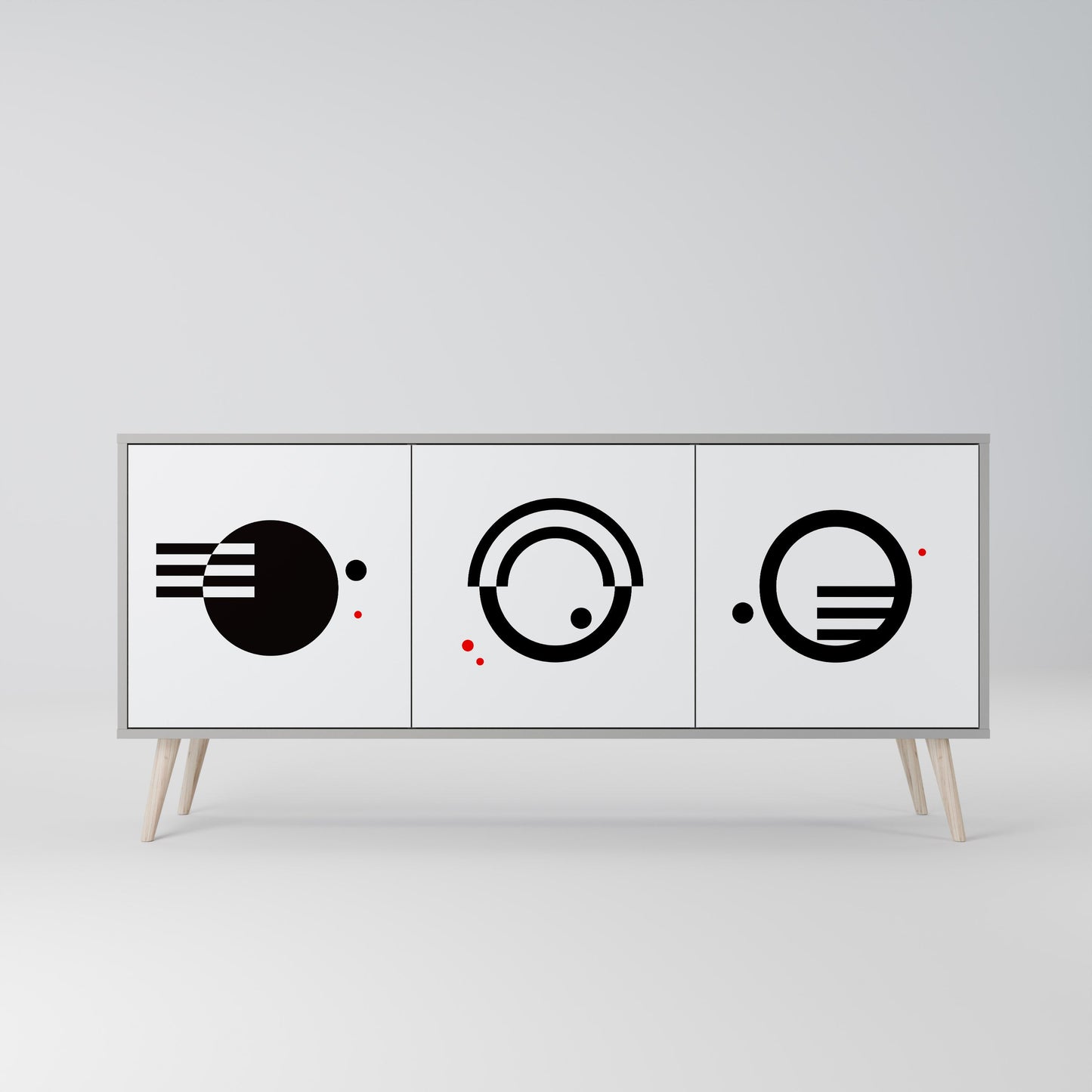 Credenza a 3 ante con combinazione bianco e nero, finitura grigia