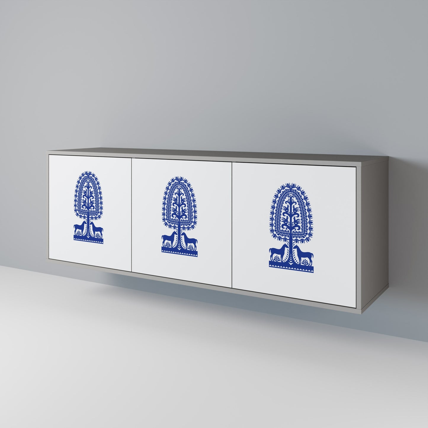 POLISH FOLK ART 3-Door Sideboard in Grey Finish