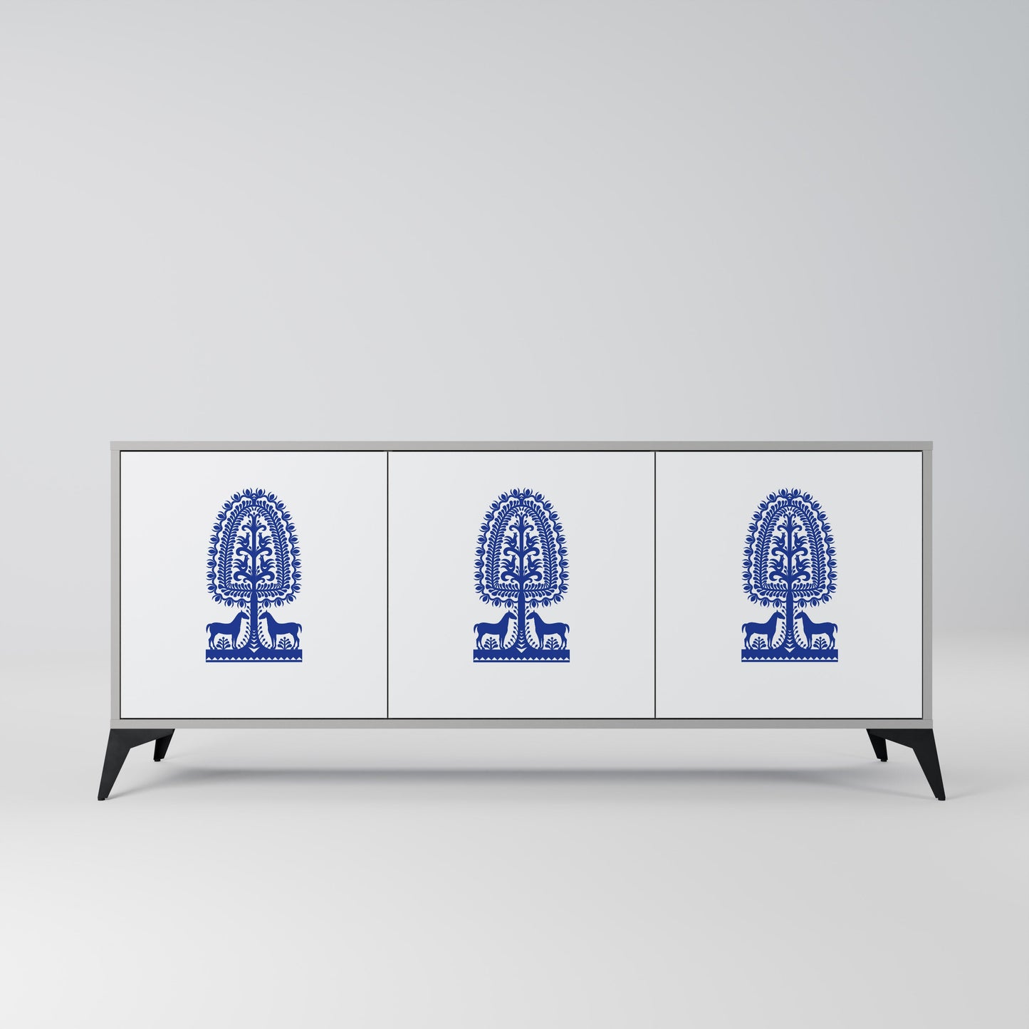 POLISH FOLK ART 3-Door Sideboard in Grey Finish
