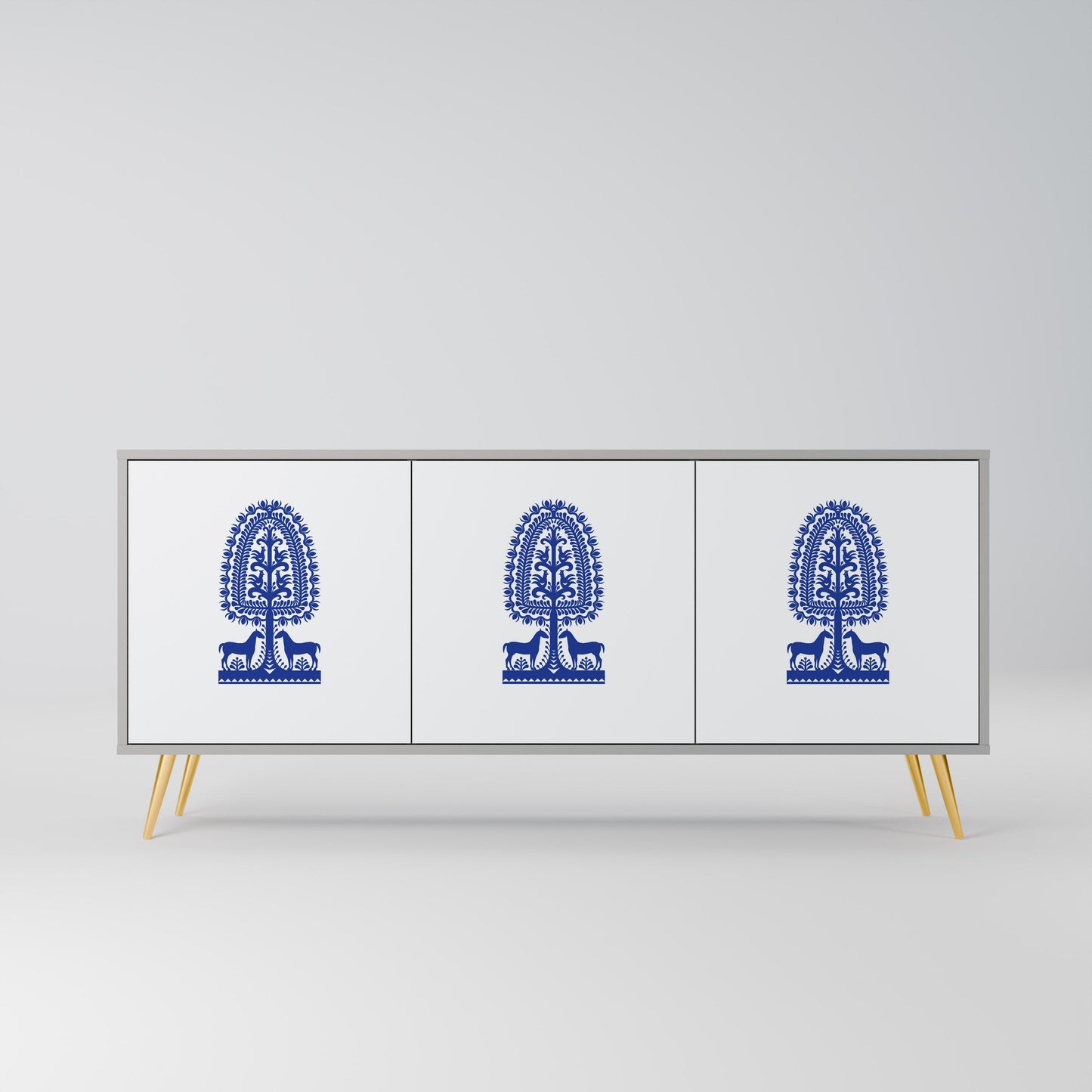 POLISH FOLK ART 3-Door Sideboard in Grey Finish