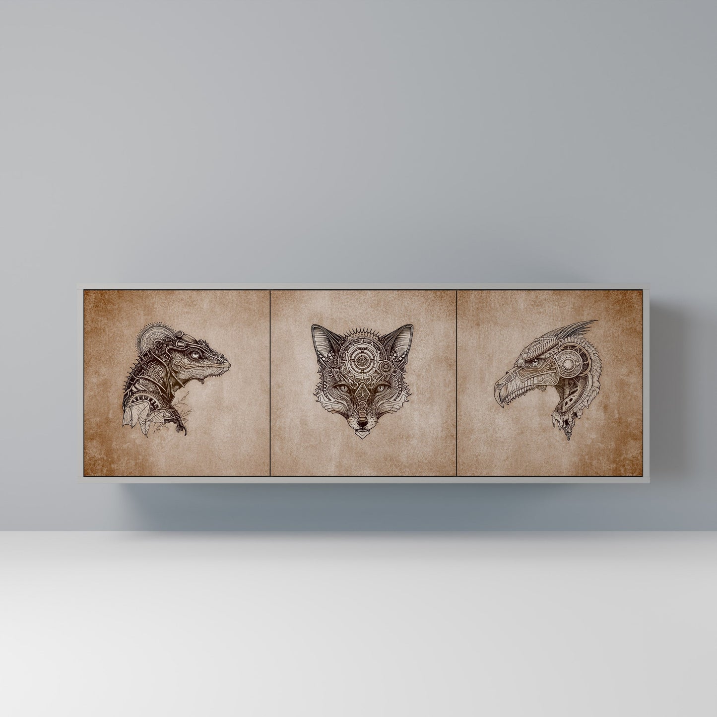 STEAMPUNK CLAN 3-Door Sideboard in Grey Finish