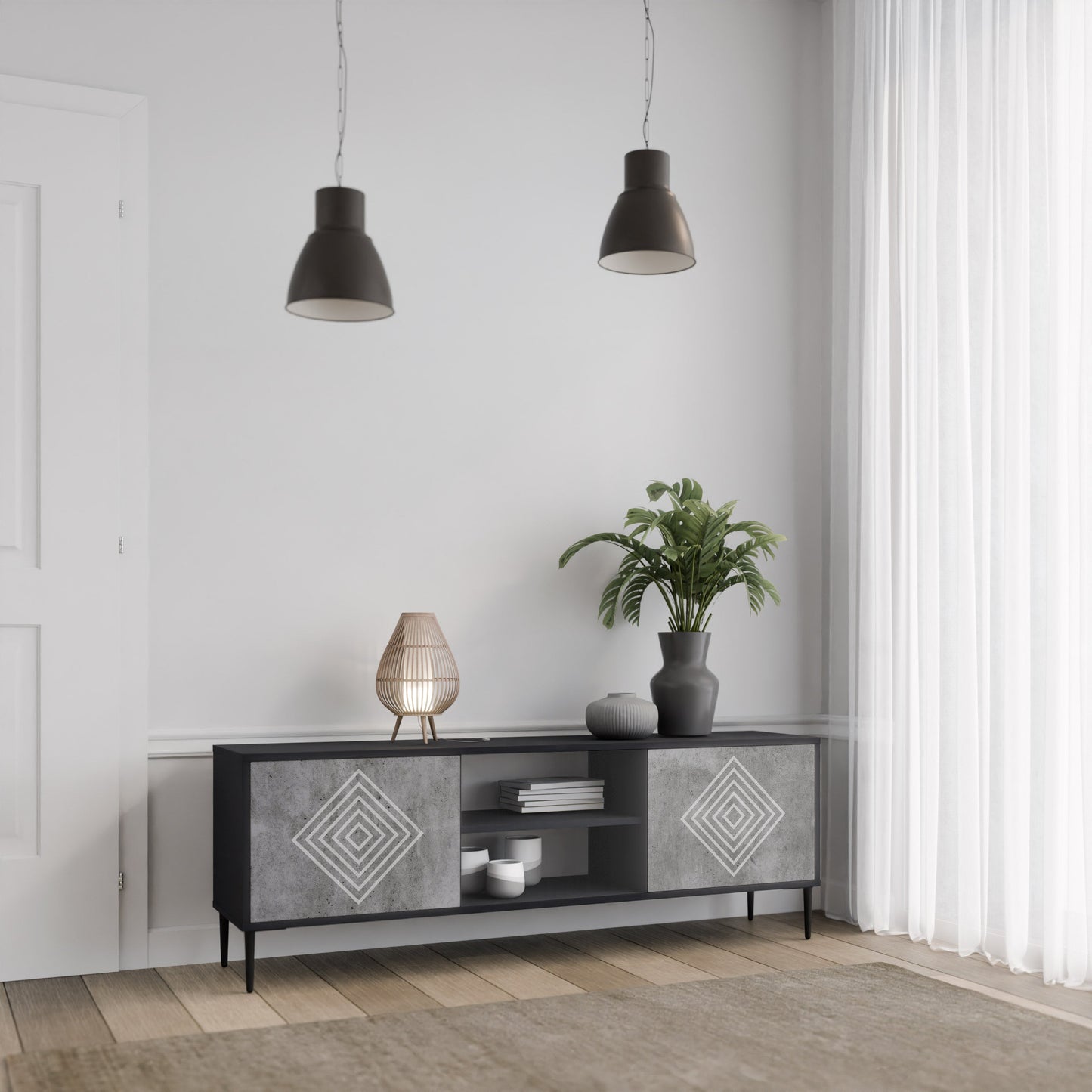 Mobile TV POLYGONAL ARTISTRY a 2 ante in finitura nera