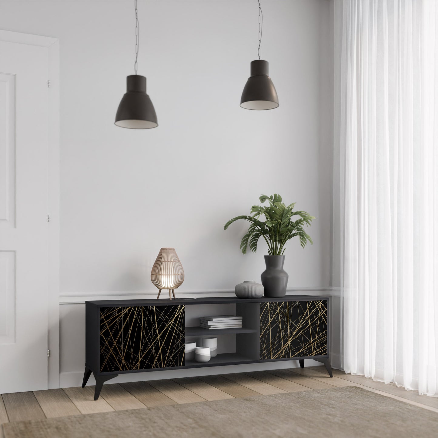 Mobile TV BRIGHT MESH a 2 ante con finitura nera