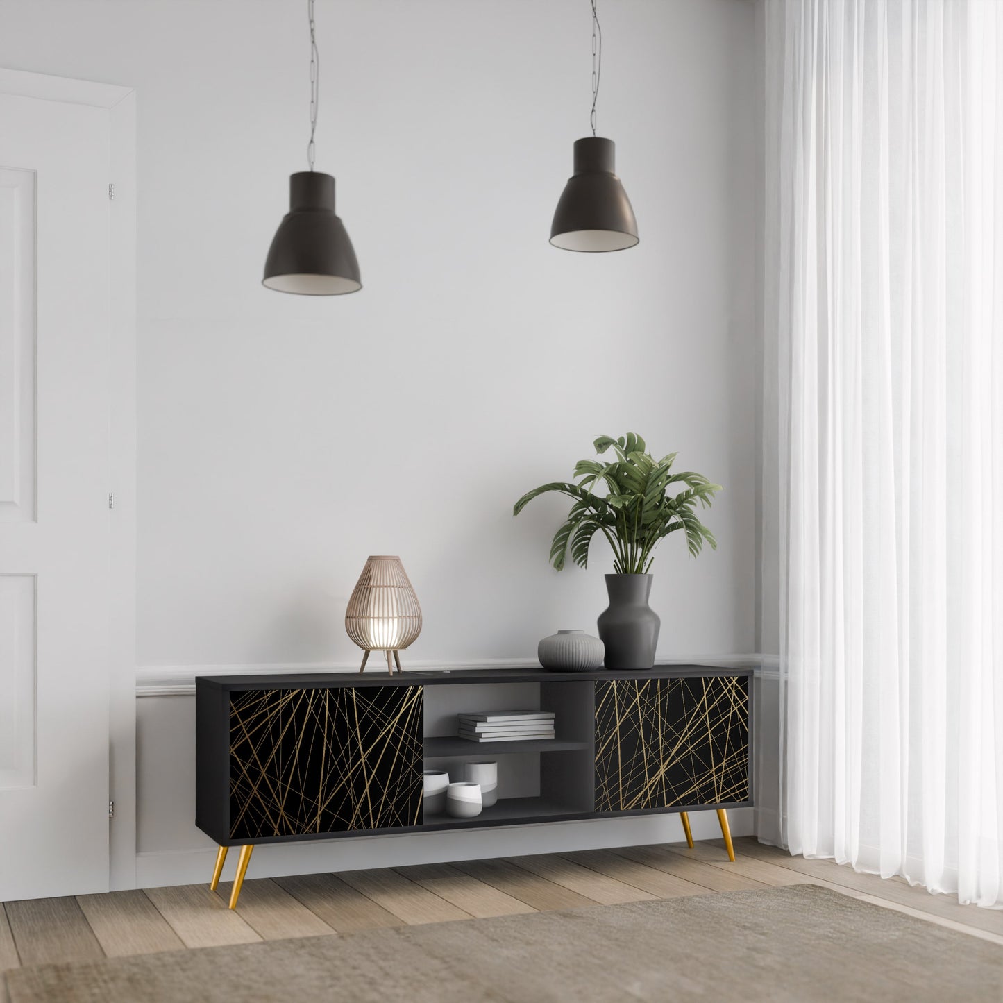 Mobile TV BRIGHT MESH a 2 ante con finitura nera