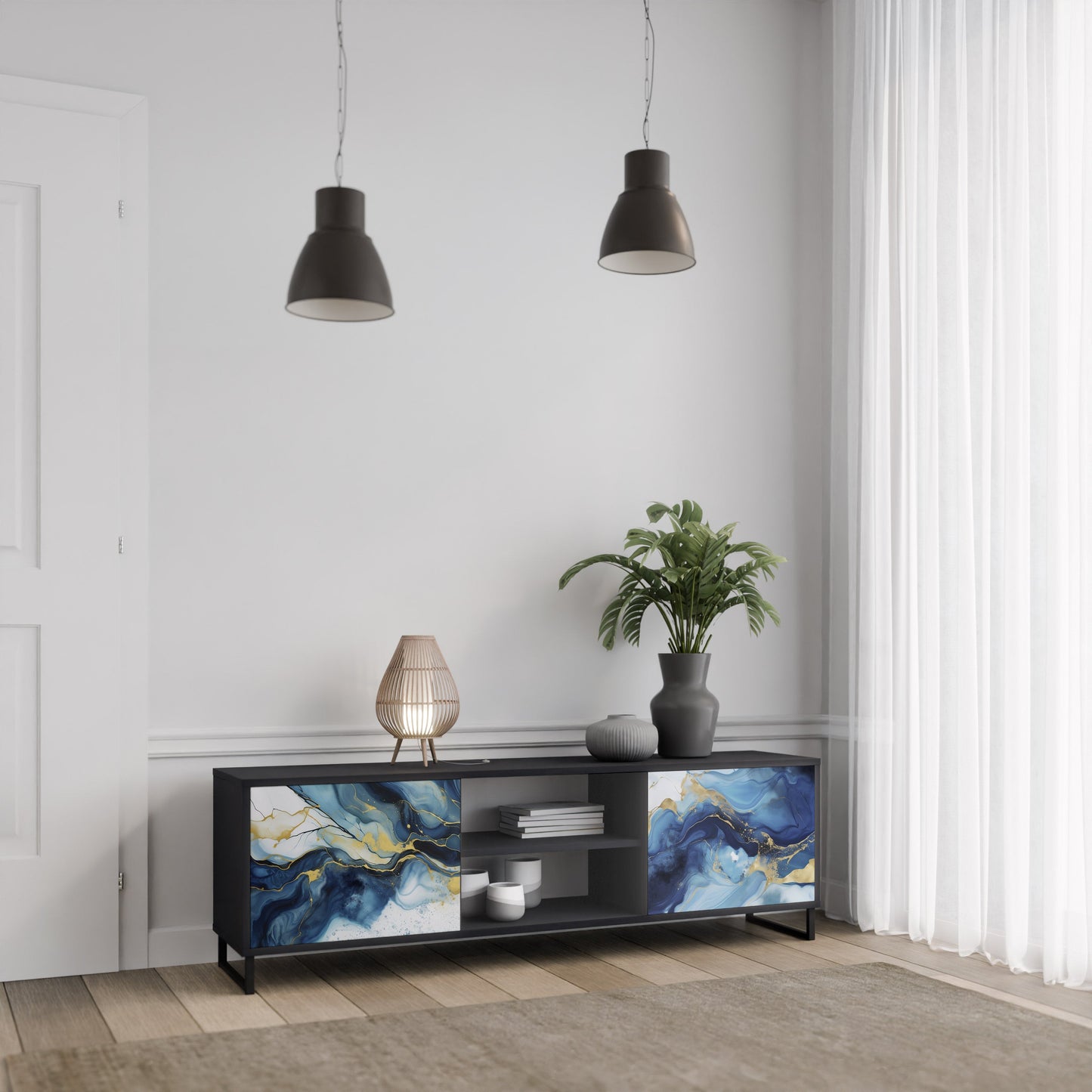 Mobile TV INKY MARBLE a 2 ante con finitura nera