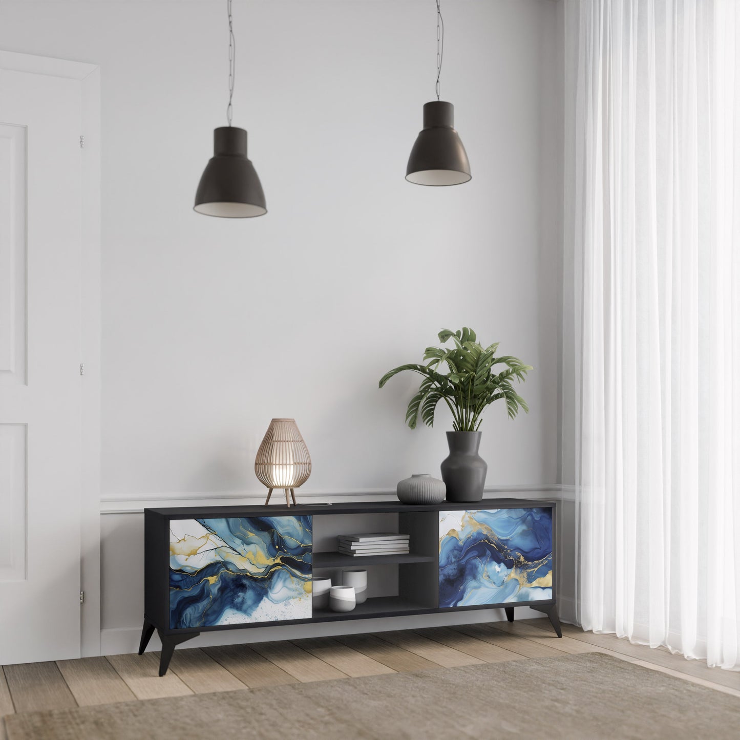 Mobile TV INKY MARBLE a 2 ante con finitura nera